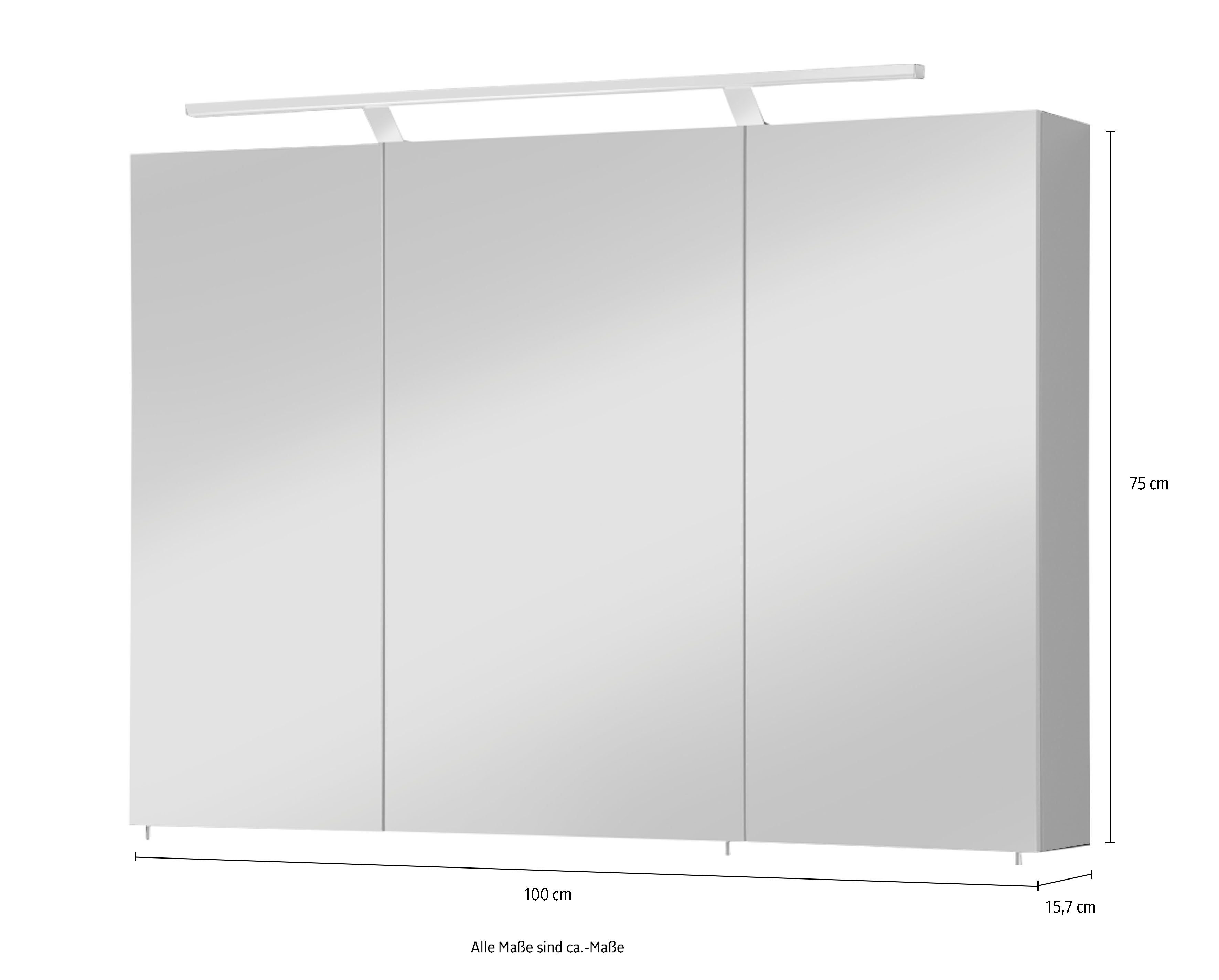 welltime Spiegelkast Torino made in Germany Breedte 100 cm, 3-deurs, ledverlichting, schakelaar-/stekkerdoos
