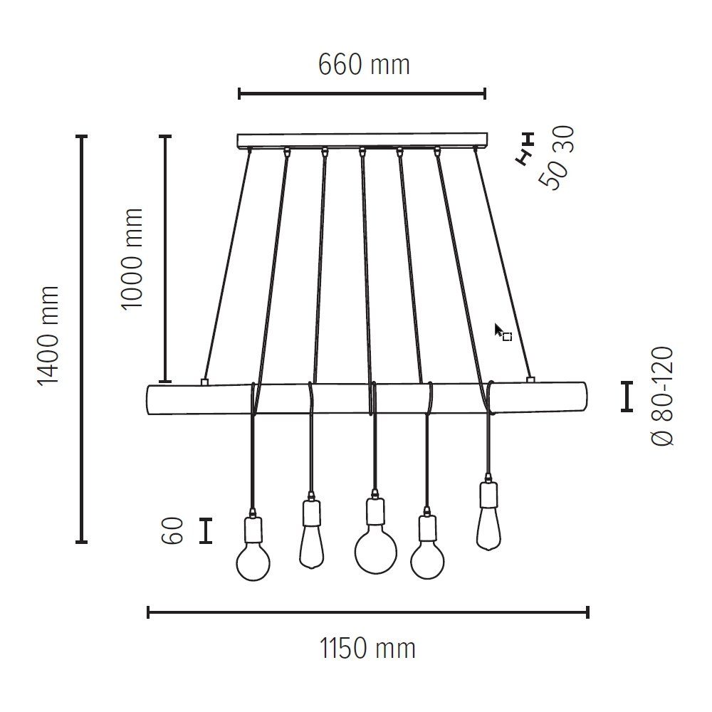 SPOT Light Hanglamp TRABO LONG Hanglamp, met massief houten balken ø 8-12 cm, natuurproduct, in te korten (1 stuk)