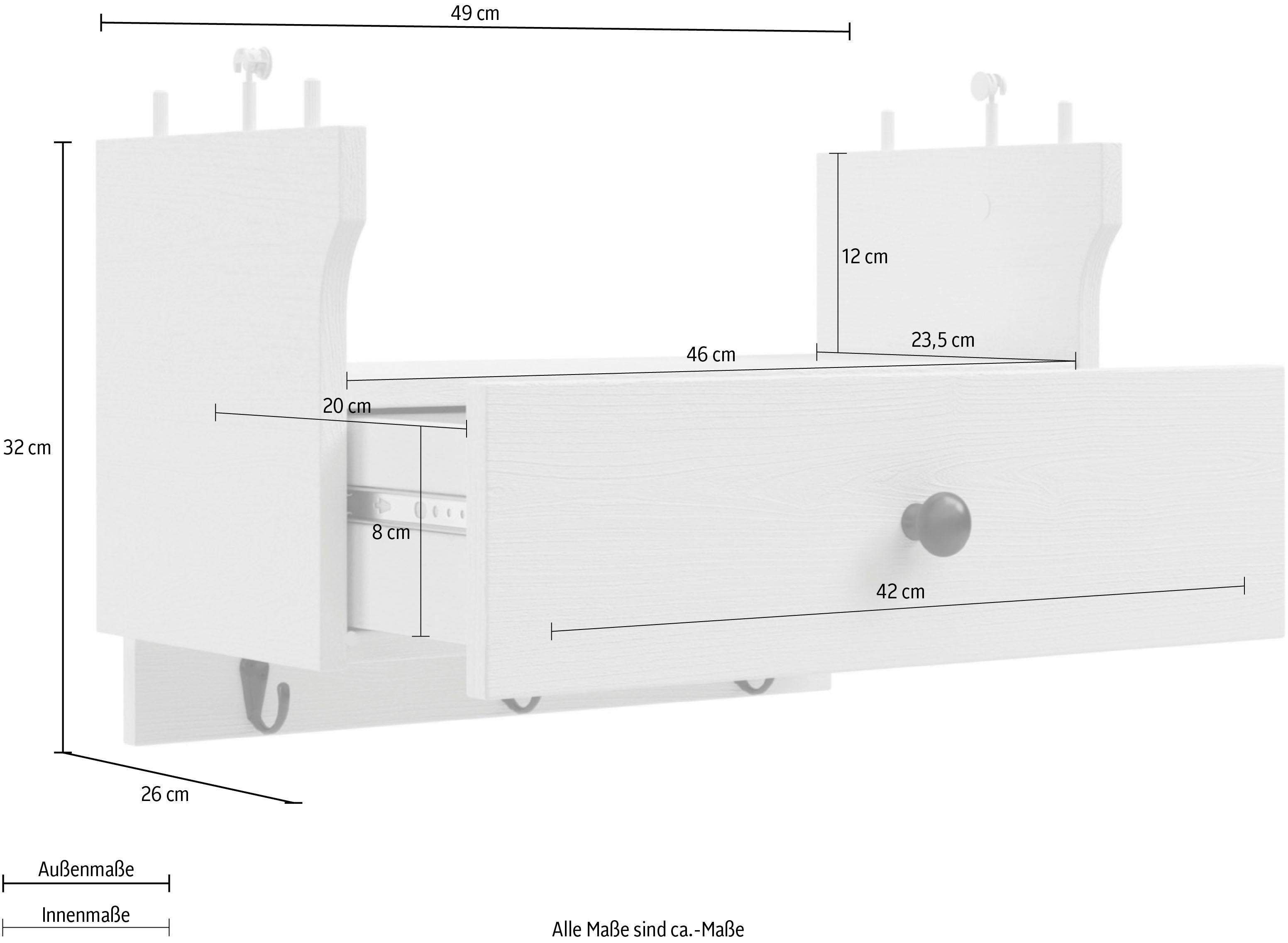 Kochstation Keukenrek KS-Osby Massief grenen, breedte 50 cm, 1 lade, 3 metalen haken (1 stuk)