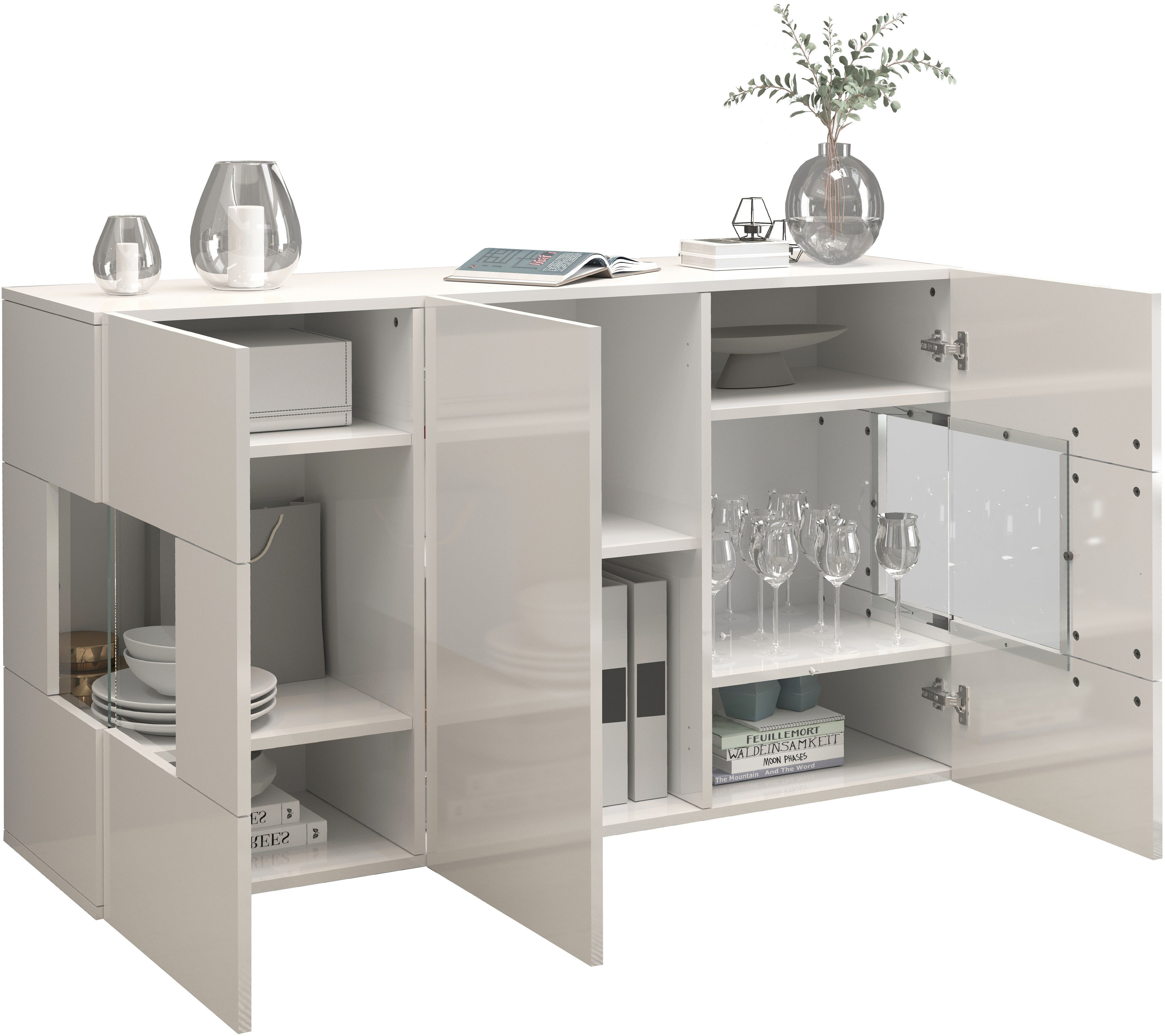 INOSIGN Dressoir Egypte, Ladekast, Kast, Buffet, Vitrine greeploos 3 deuren waarvan 2 met glaselement, volledig hoogglans gelakt breedte 135