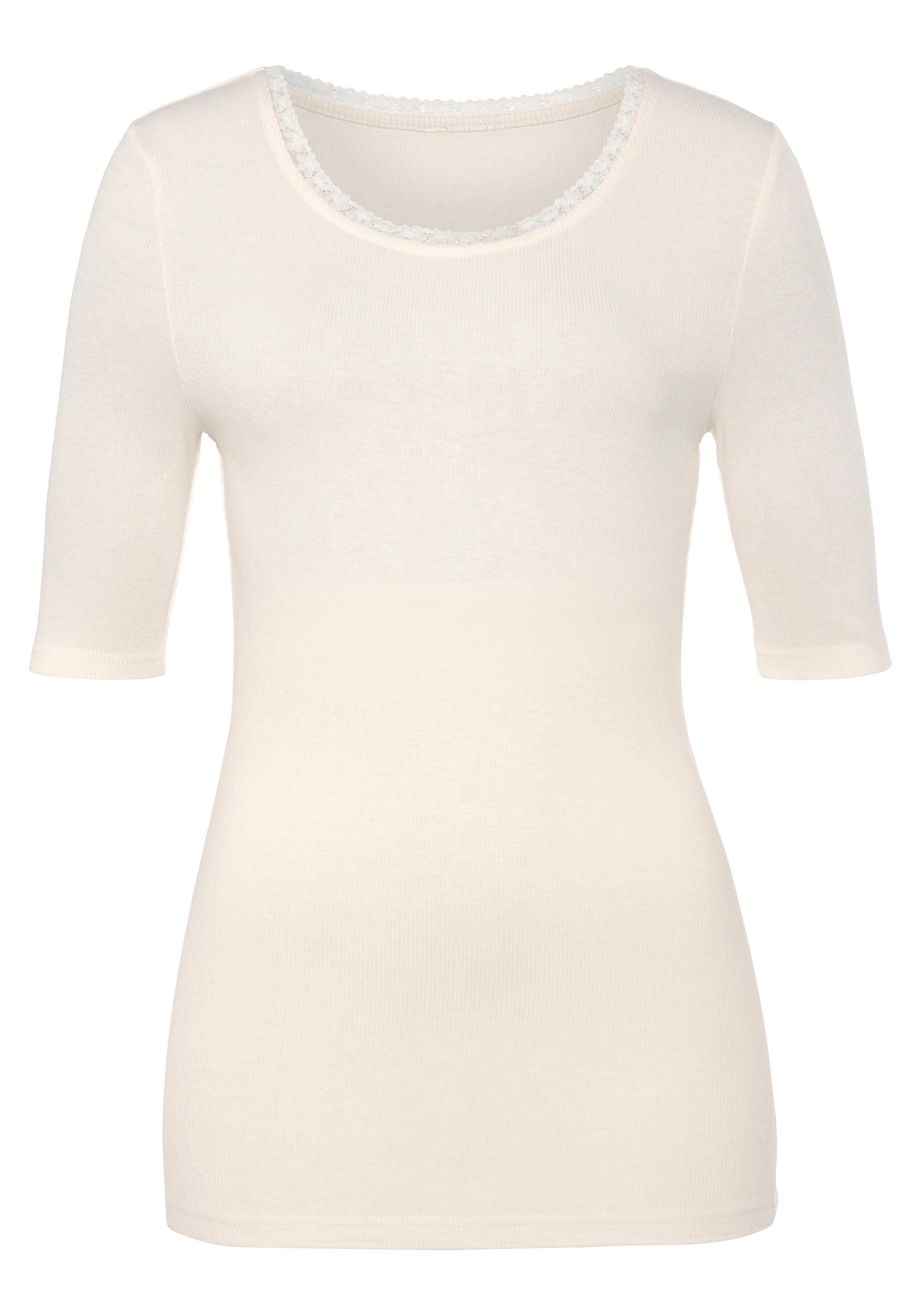 Lascana Shirt met korte mouwen Met fijne kant bij de hals van zachte viscose-ribkwaliteit (1-delig)