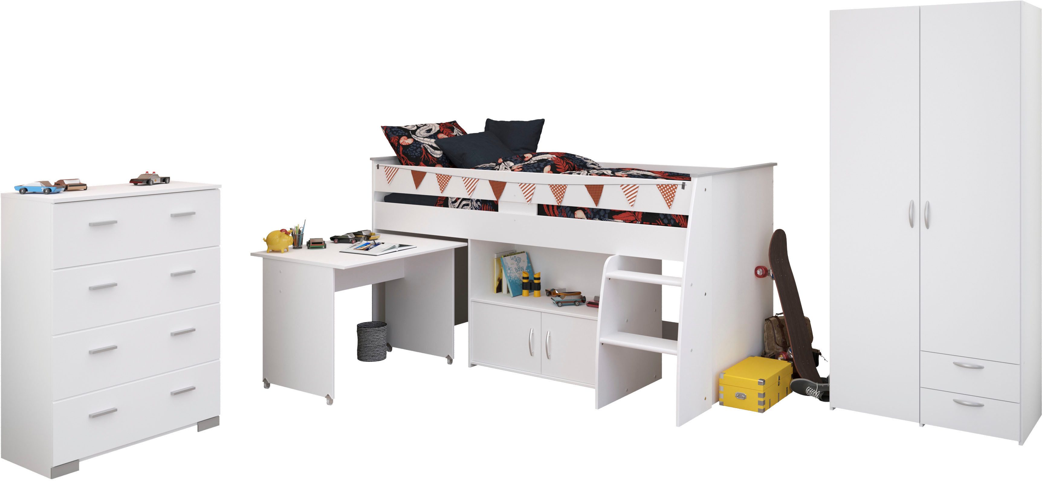 Parisot Tienerkamerset Parisot, Reverse 11 uittrekbaar bureau op wielen, veel opbergruimte, kledingkast (3-delig) complete kinderkamers wit