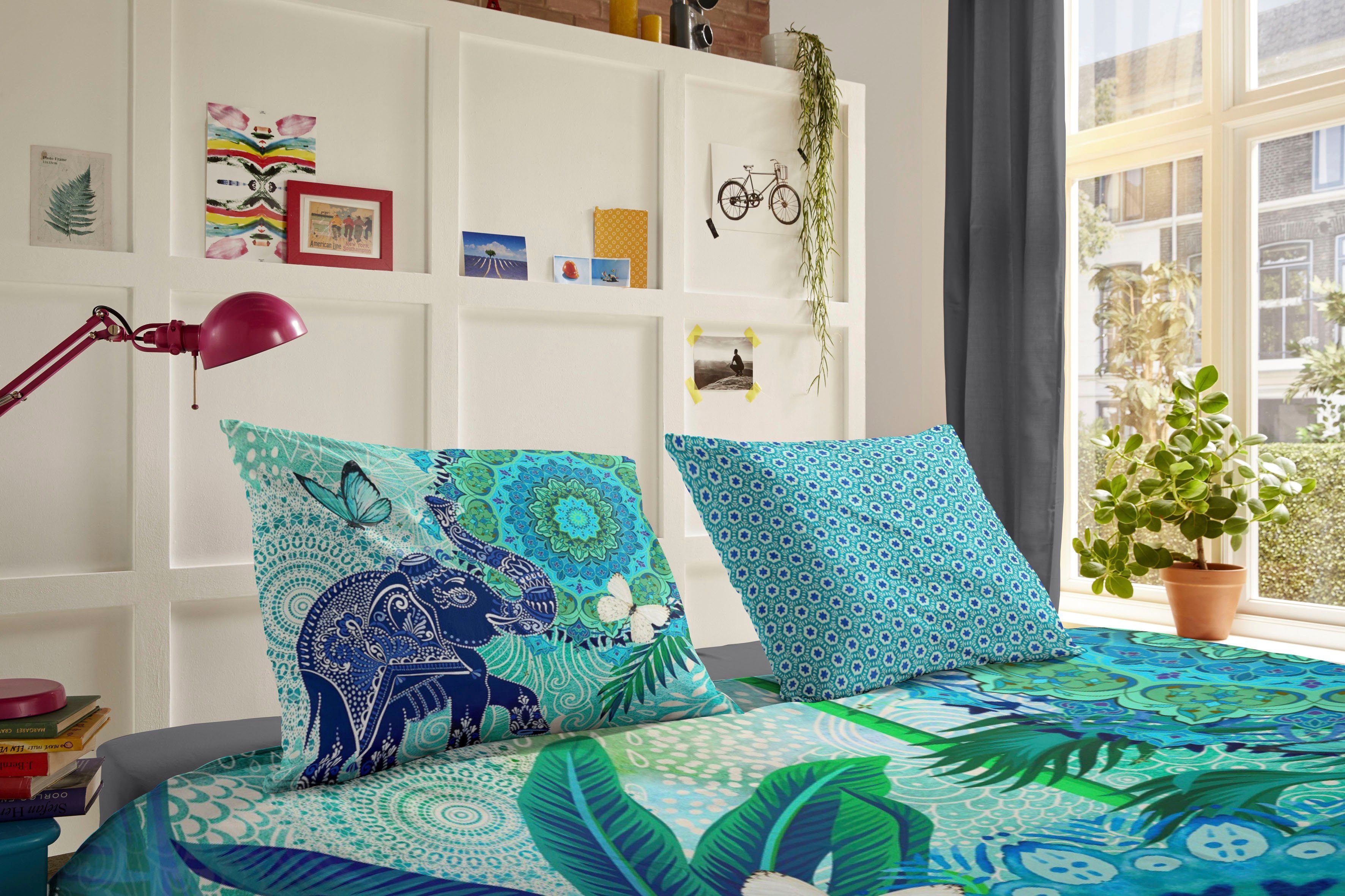 hip Tweezijdig te gebruiken overtrekset Isara Mako-satijn, 135x200, Rits, Omkeerbaar, Mandala, Olifant Blauw