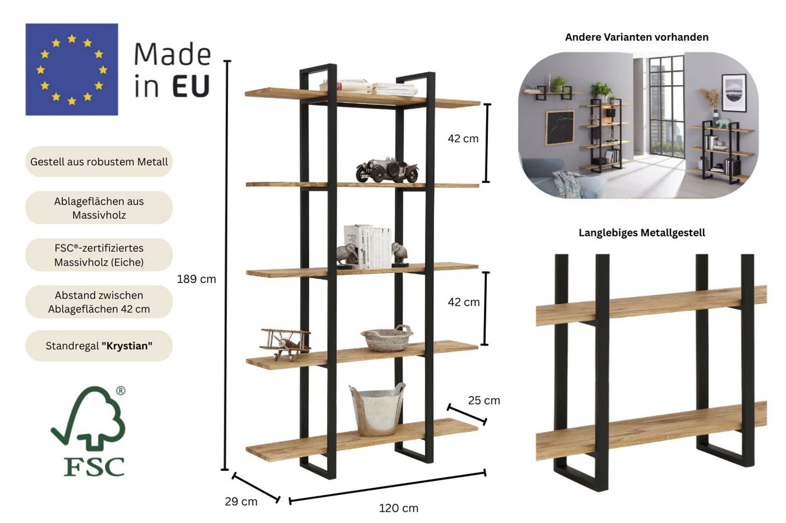 Home affaire Rek Krystian Ruimteverdeler, legplanken van eikenhout, frame van robuust metaal