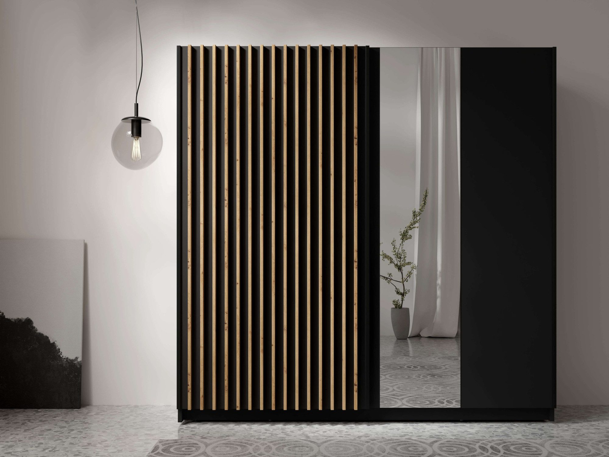 INOSIGN Kledingkast Camden met spiegel, 4 legplanken en kledingstang Garderobe met 2 schuifdeuren en lamellen, BxHxD 200,2x198,5x61,6 cm
