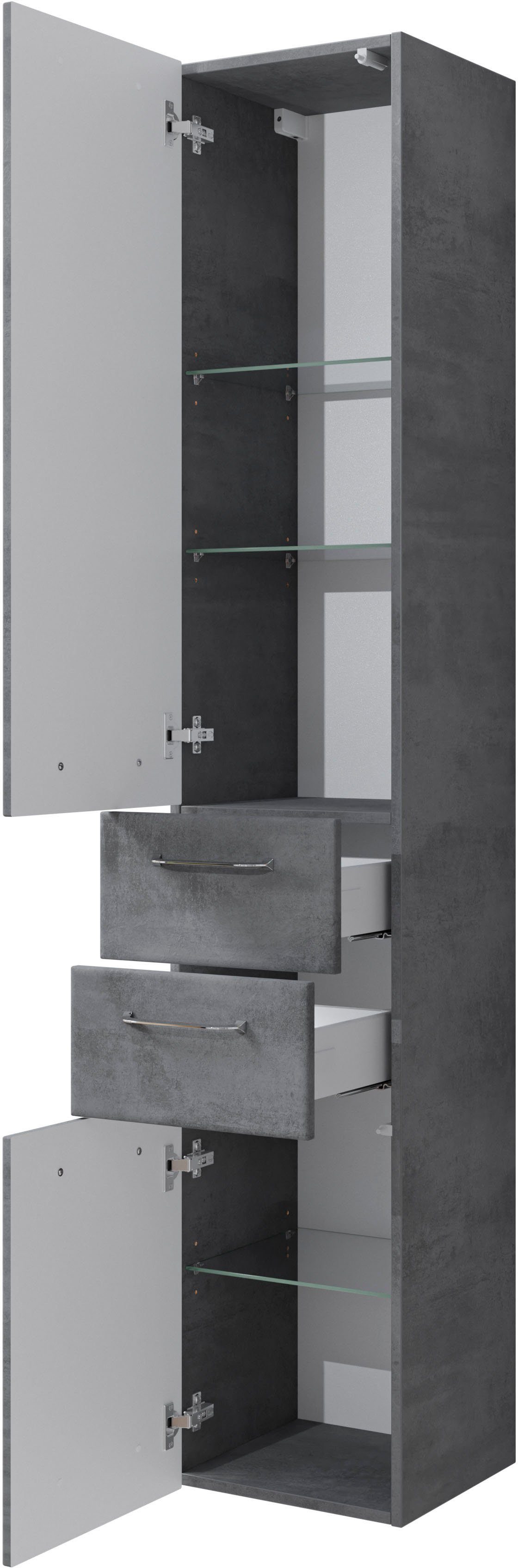 Saphir Hoge kast Quickset 945 Badkamermeubel, 35 cm breed, 2 deuren, 2 laden Hoge badkamerkast inclusief deurdemper, grepen in glanzend chroom