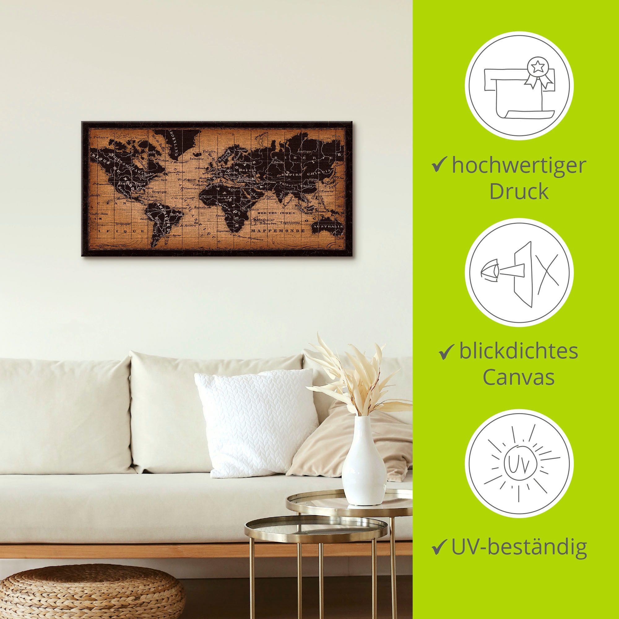 Artland Artprint Oude wereldkaart als artprint op linnen, poster, muursticker in verschillende maten
