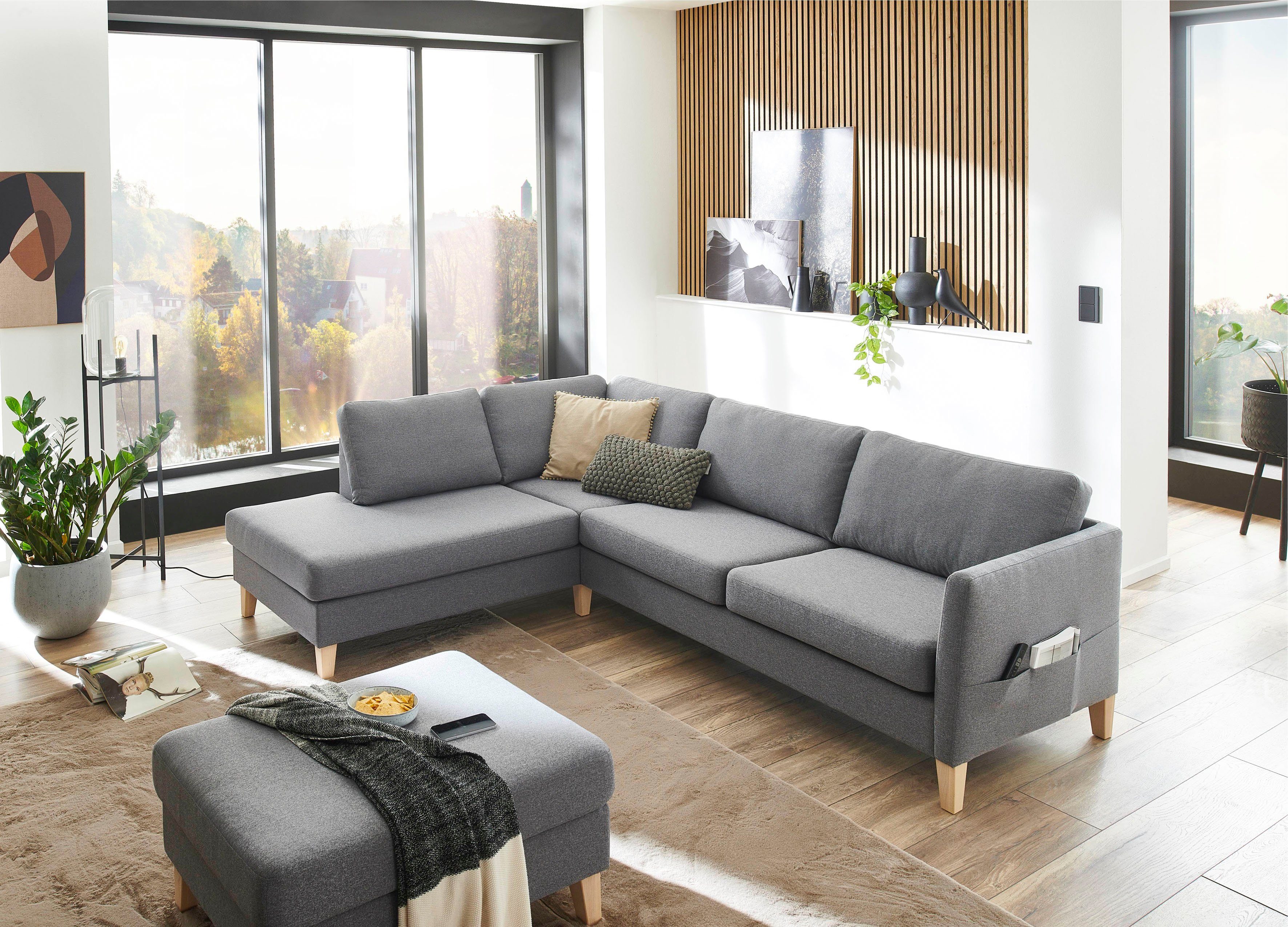 ATLANTIC home collection Hoekbank Mailo L-vorm met zakken opzij en ottomane, met massief houten poten