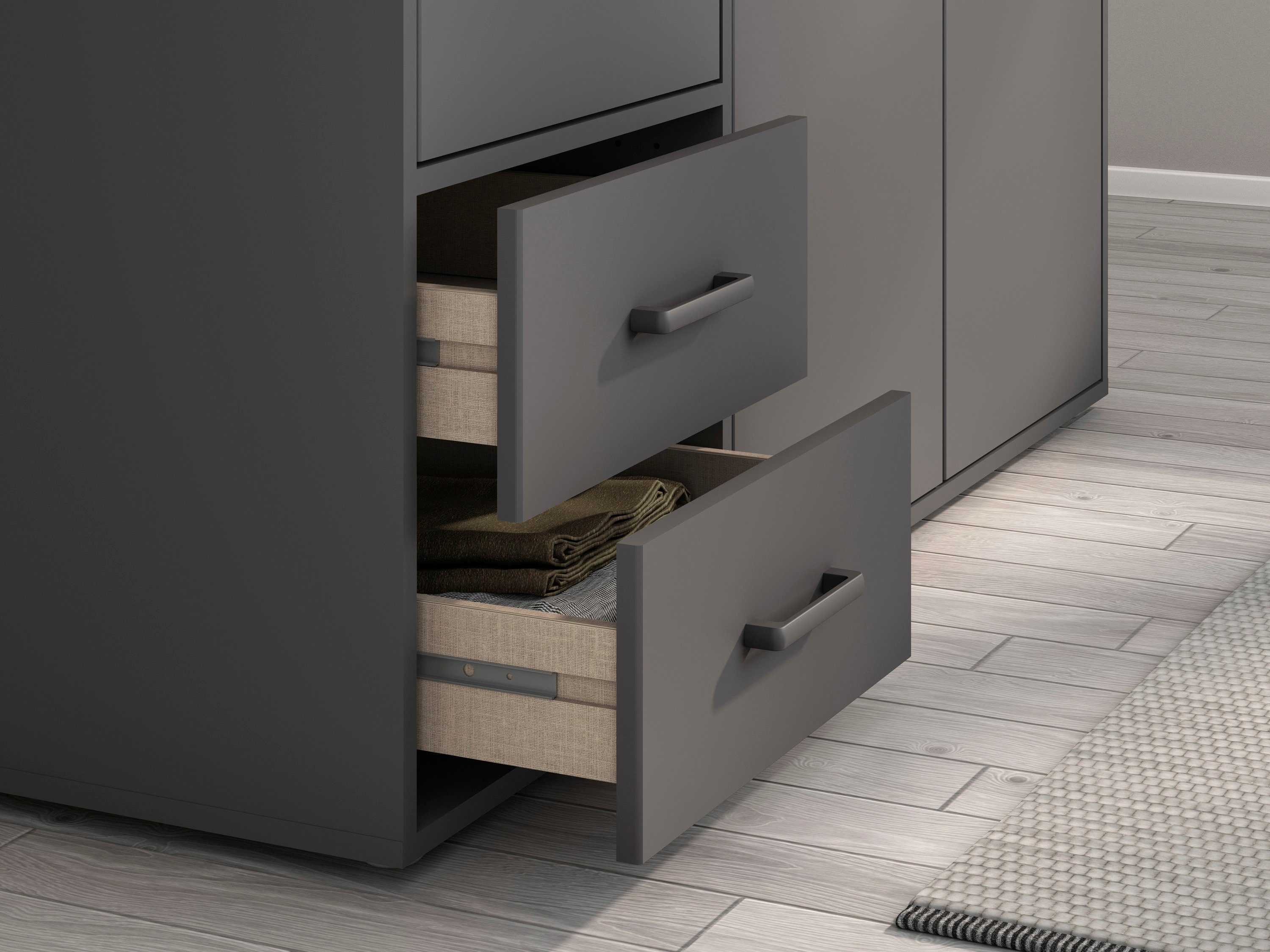 rauch Draaideurkast Kledingkast kast garderobe linnenkast VOYAGER moderne grepen in grijs metallic met buitenlades made in germany