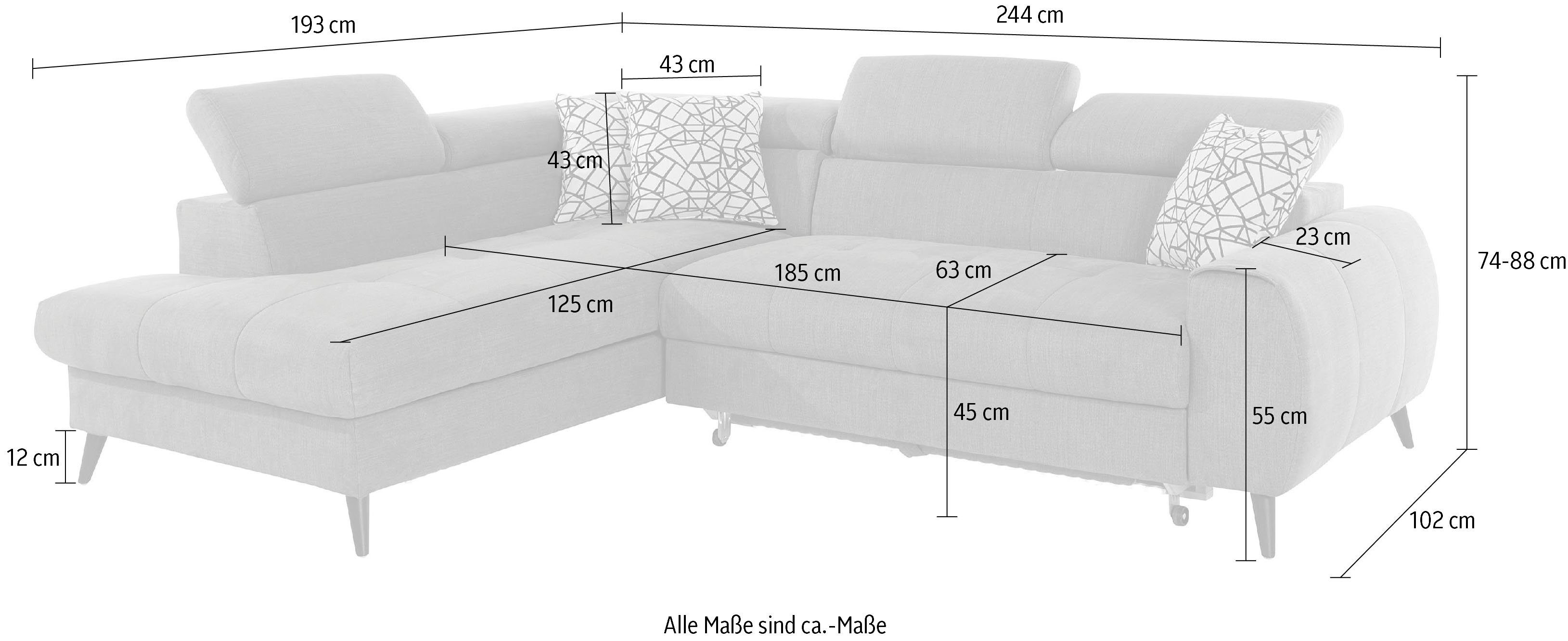 COTTA Hoekbank Mia L-vorm met 3 sierkussens 3-delige kussenset, ottomane, naar keuze met of zonder rgb-verlichting
