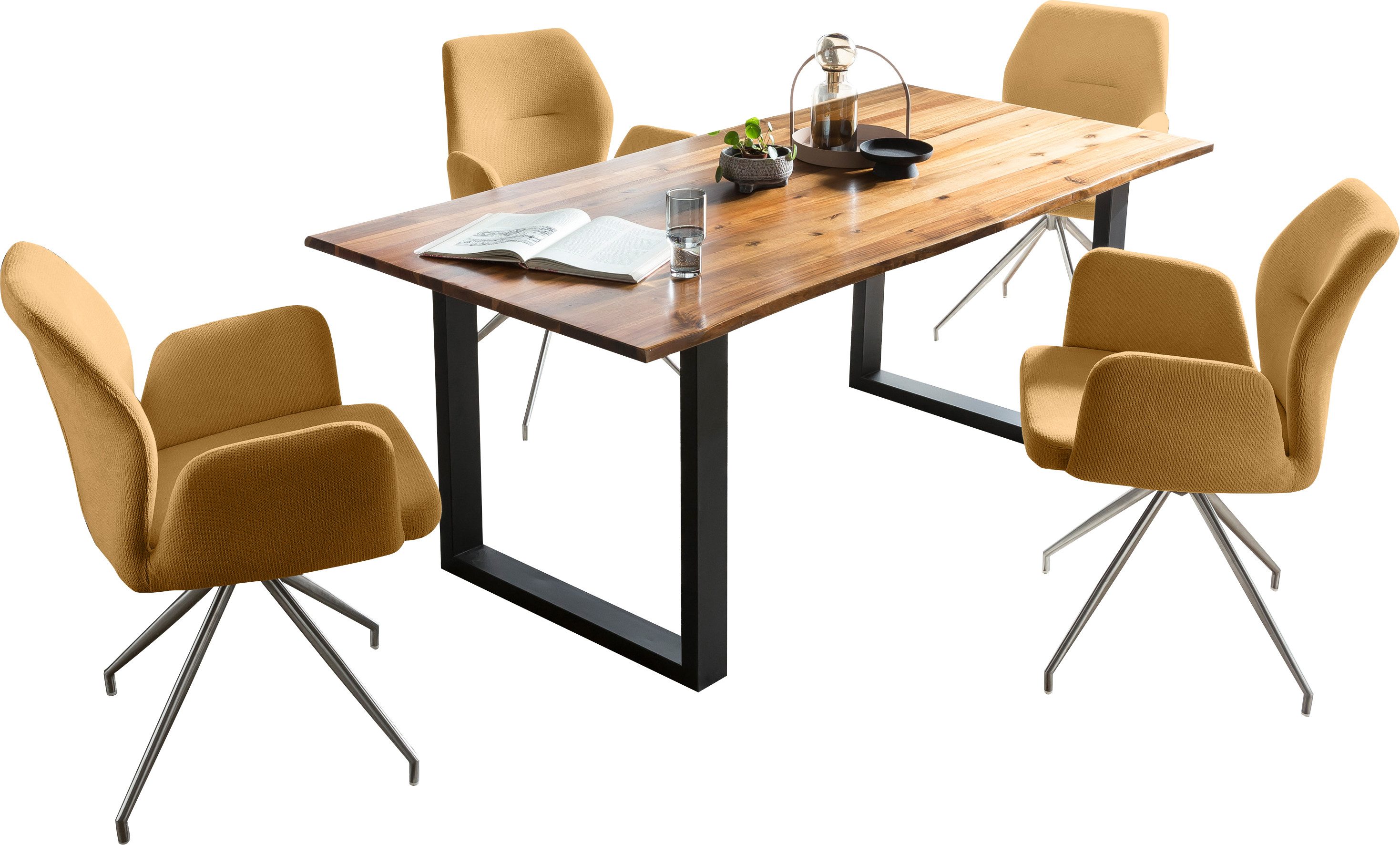 SalesFever Eethoek Tafelblad met echte boomrand, frame van roestvrij staal (set, 5-delig)