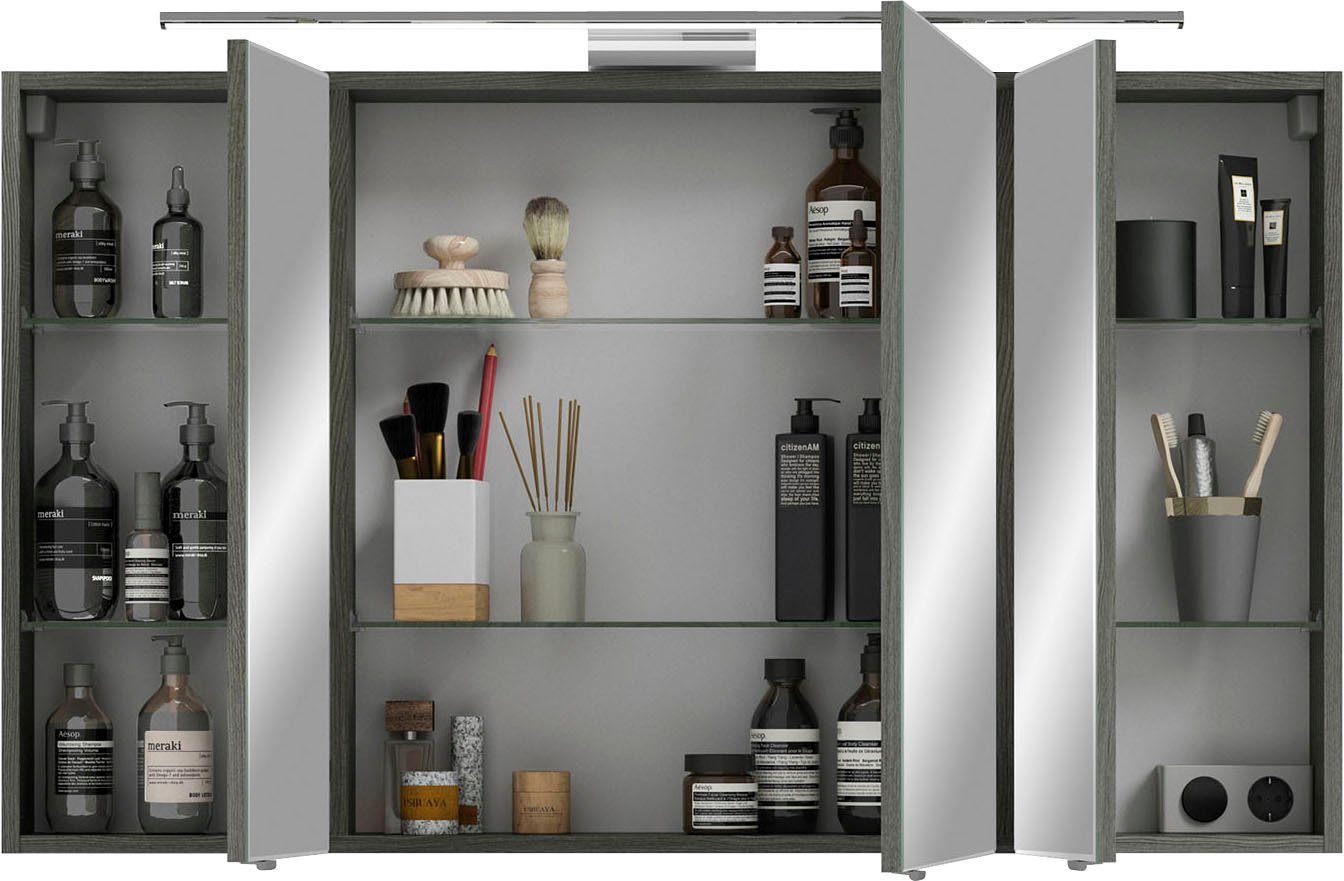 Saphir Badkamerserie 6005 sprint keramiek-wastafelonderkast met led-spiegelkast, 122 cm breed Wastafelmeubel inclusief deurdemper, 3 deuren, 2 laden, wastafelonderkast set (2-delig)