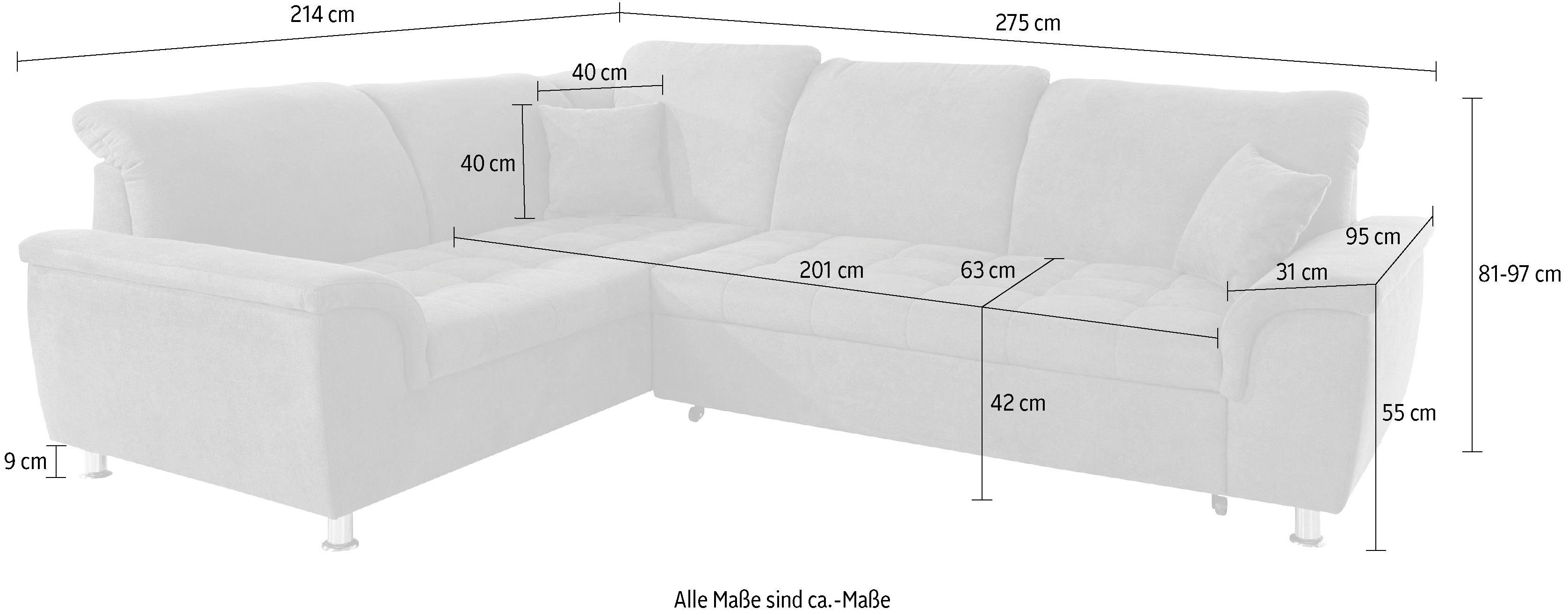 DOMO collection Hoekbank Franzi L-vorm naar keuze met verstelbare hoofdsteun (dan breedte: 275 cm)
