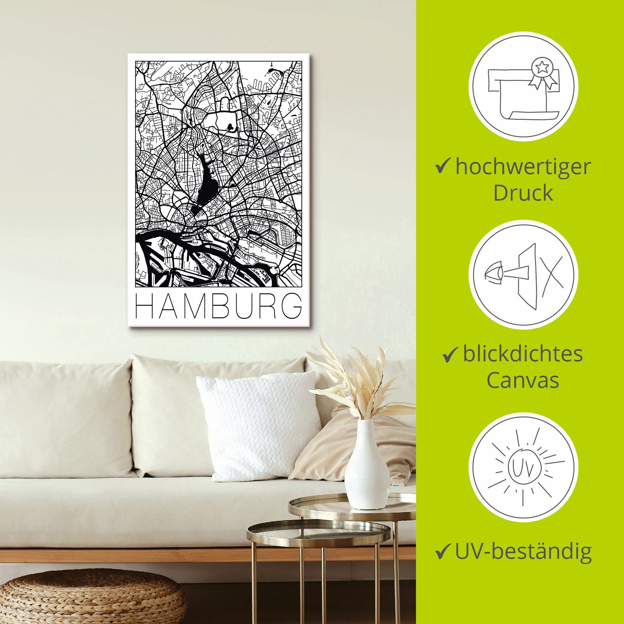 Artland Artprint Retro kaart Hamburg Duitsland als artprint op linnen, poster in verschillende formaten maten