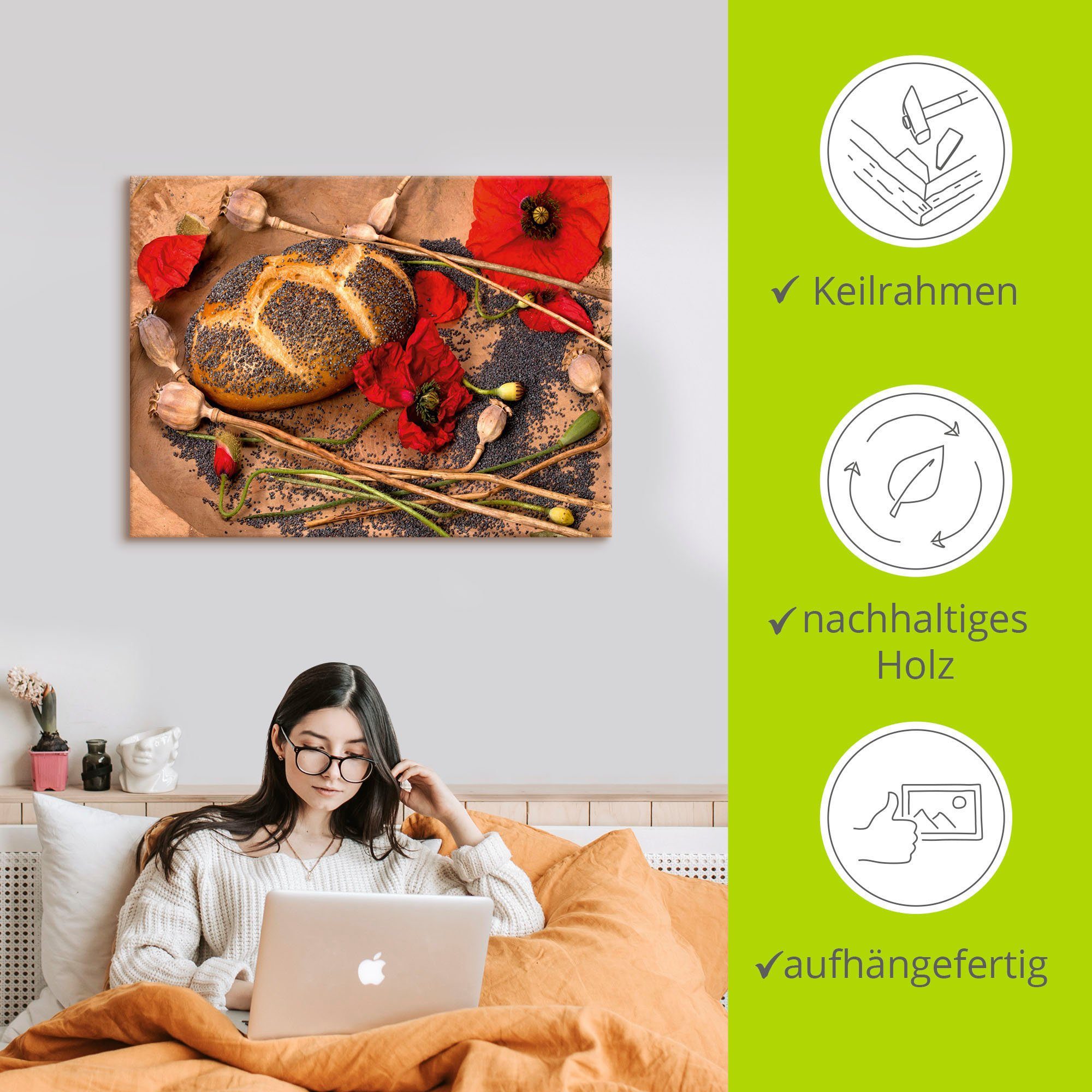 Artland Artprint op linnen Maanbrood versierd met klaprozen