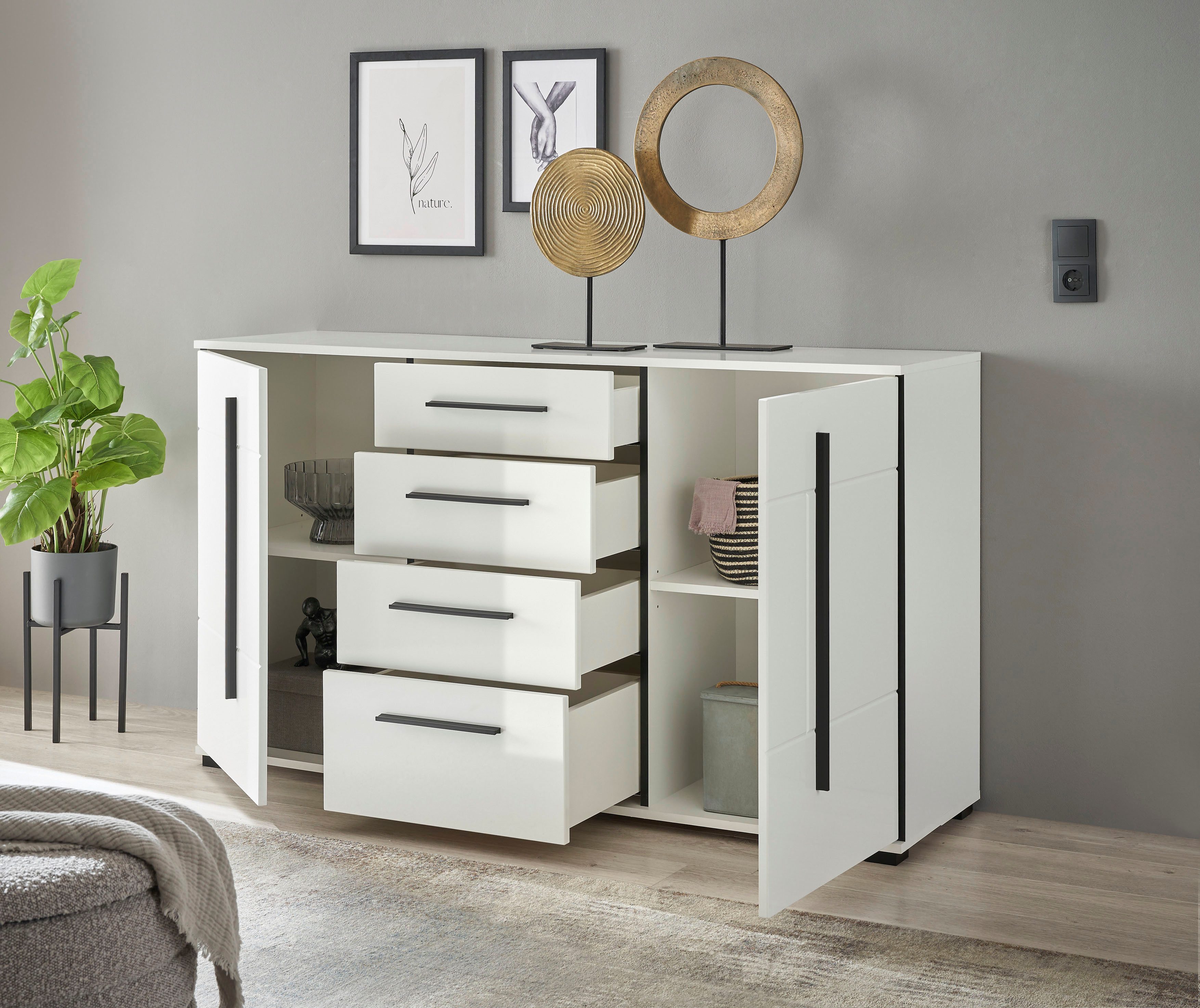 INOSIGN Dressoir Cantara, moderne kast, commode in Eiken Evoke of wit zwarte stanggreep, voldoende opbergruimte, veelzijdig inzetbaar