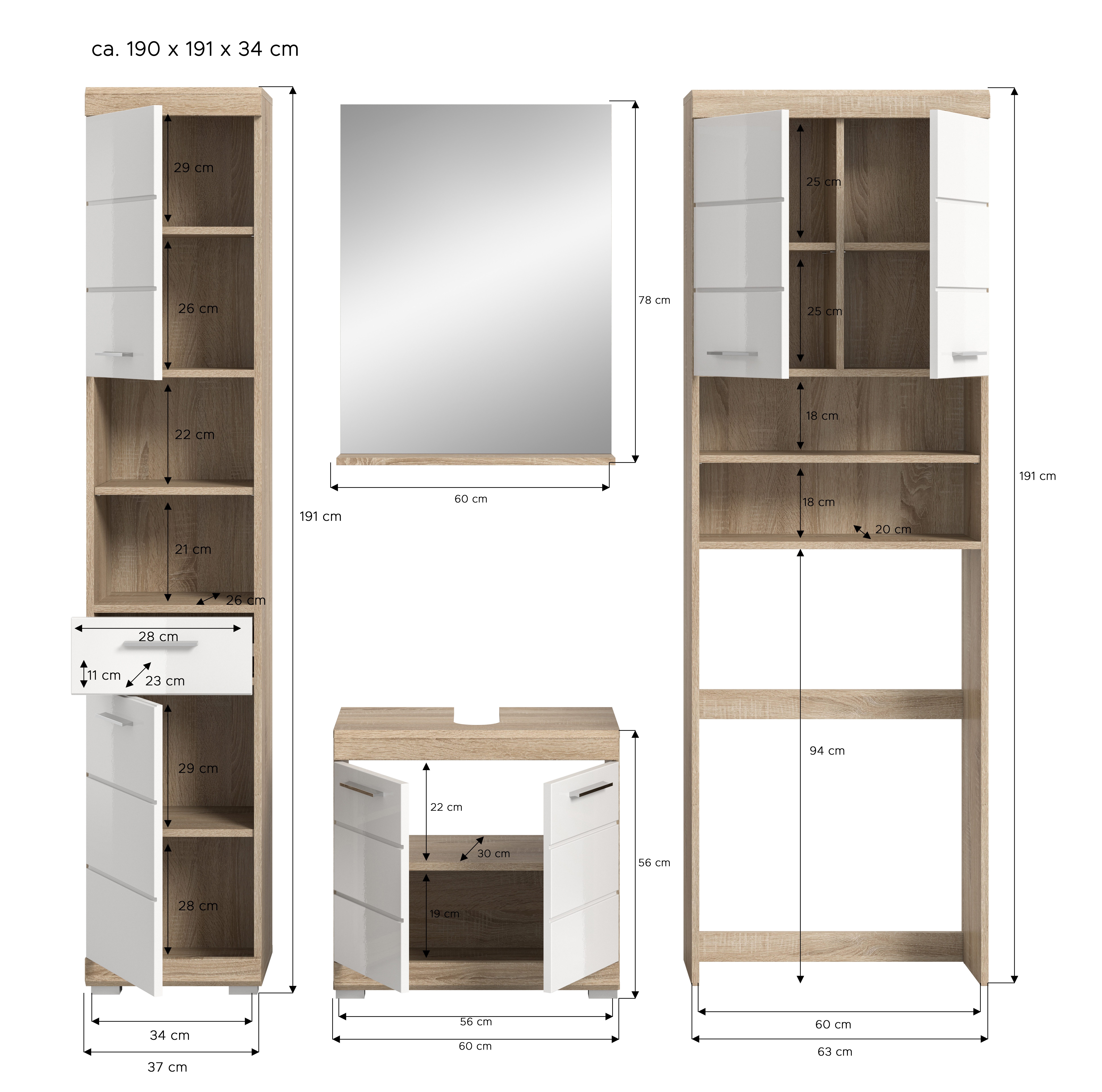 INOSIGN Badkamerserie Siena, 4-delig, bestaande uit: Hoge kast, WBU, badkamer spiegel, wasmachine ombouwkast (set, 4-delig)