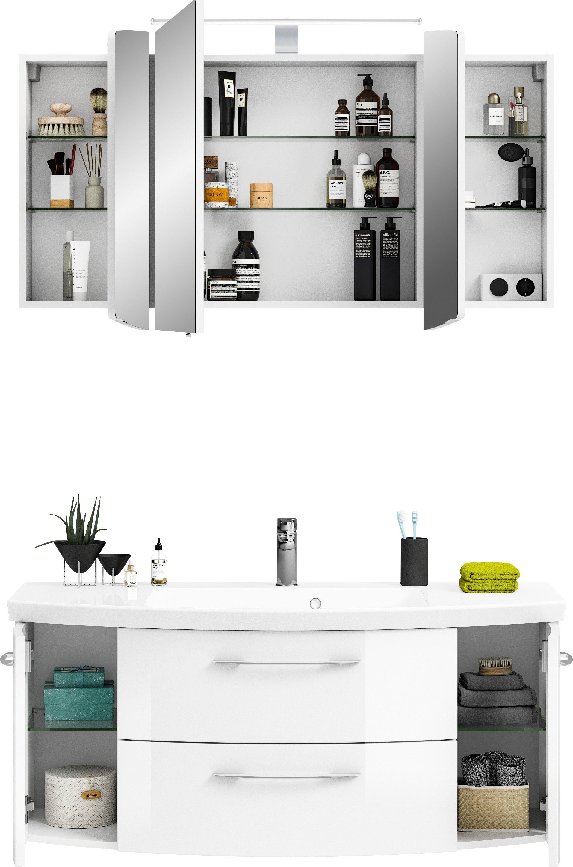 Saphir Badkamerserie Cassca sprint 2-delig mineraalmarmeren wastafel met led-spiegelkast (2-delig)
