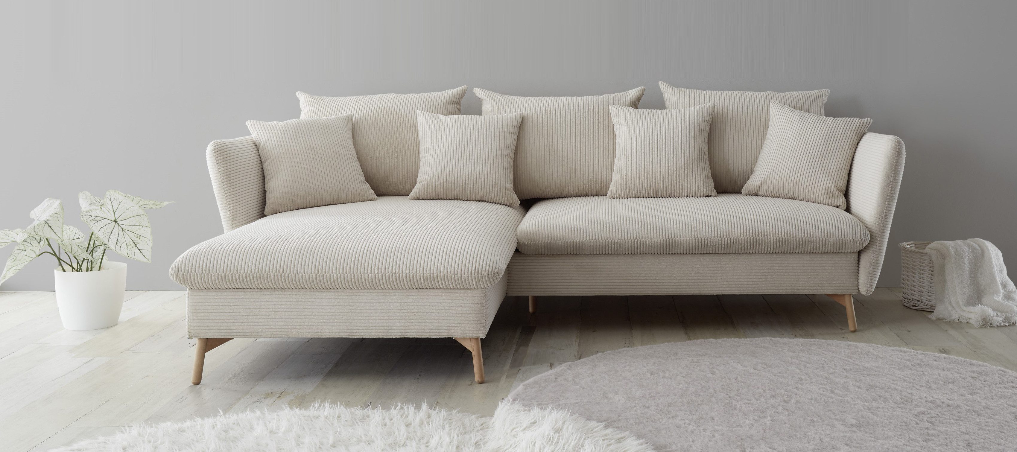 andas Hoekbank MERLE, 258 cm, L-vorm, prachtige corduroy, met slaapfunctie en bedlade, ligoppervlak 224 x 139 beige, hoekbanken, Breedte ligoppervlak: