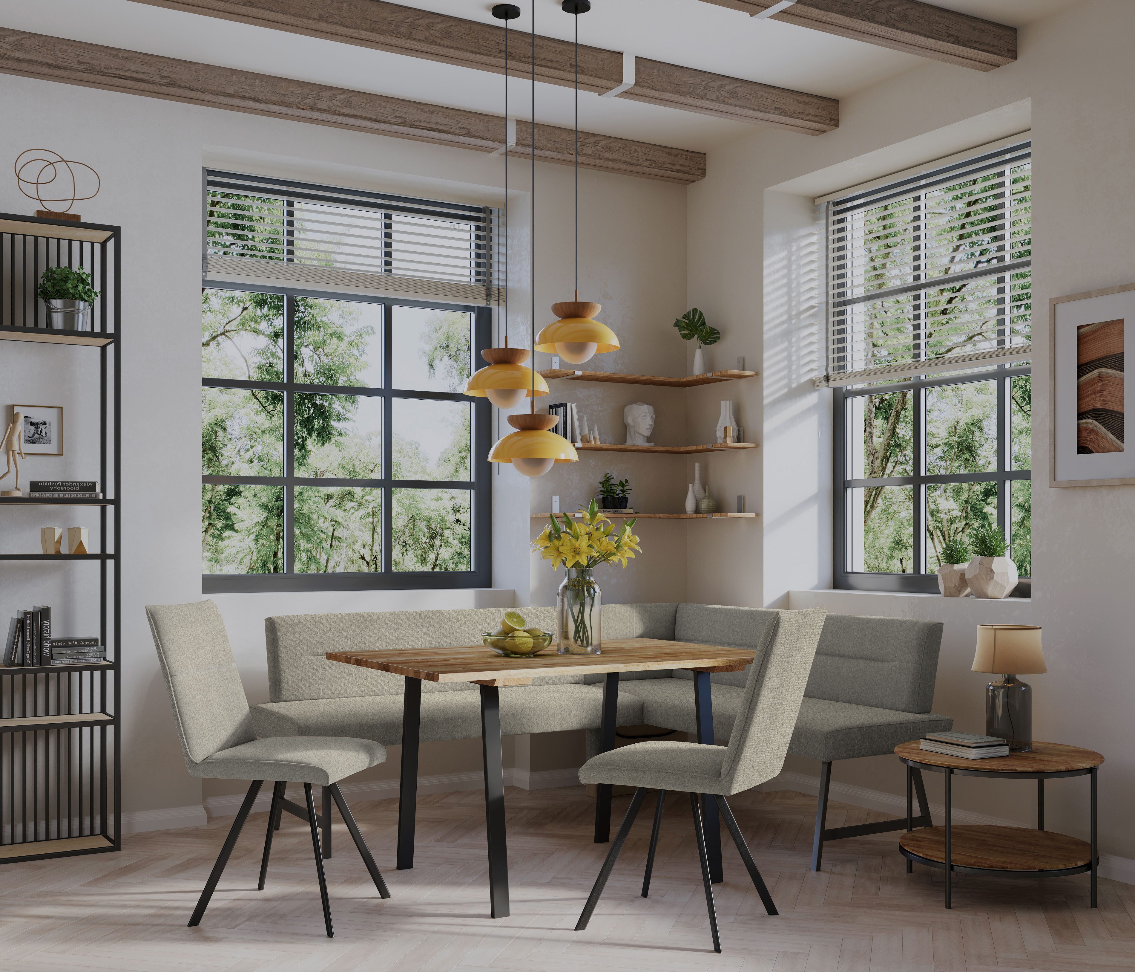 Home affaire Eethoek Sava Hoekbank met nosagvering in de zitting, massief eiken tafel (set, 4-delig)
