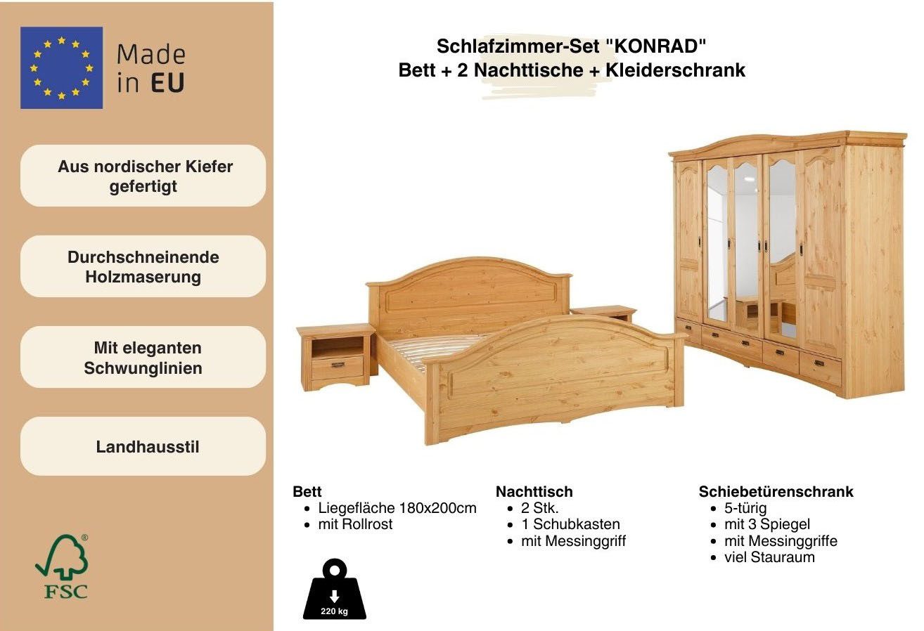 Home affaire Slaapkamerserie "Konrad", complete slaapkamerset met grote kast met 5-deurs kledingkast, bed 180x200 cm en 2 nachtkastjes (set, 4-delig)