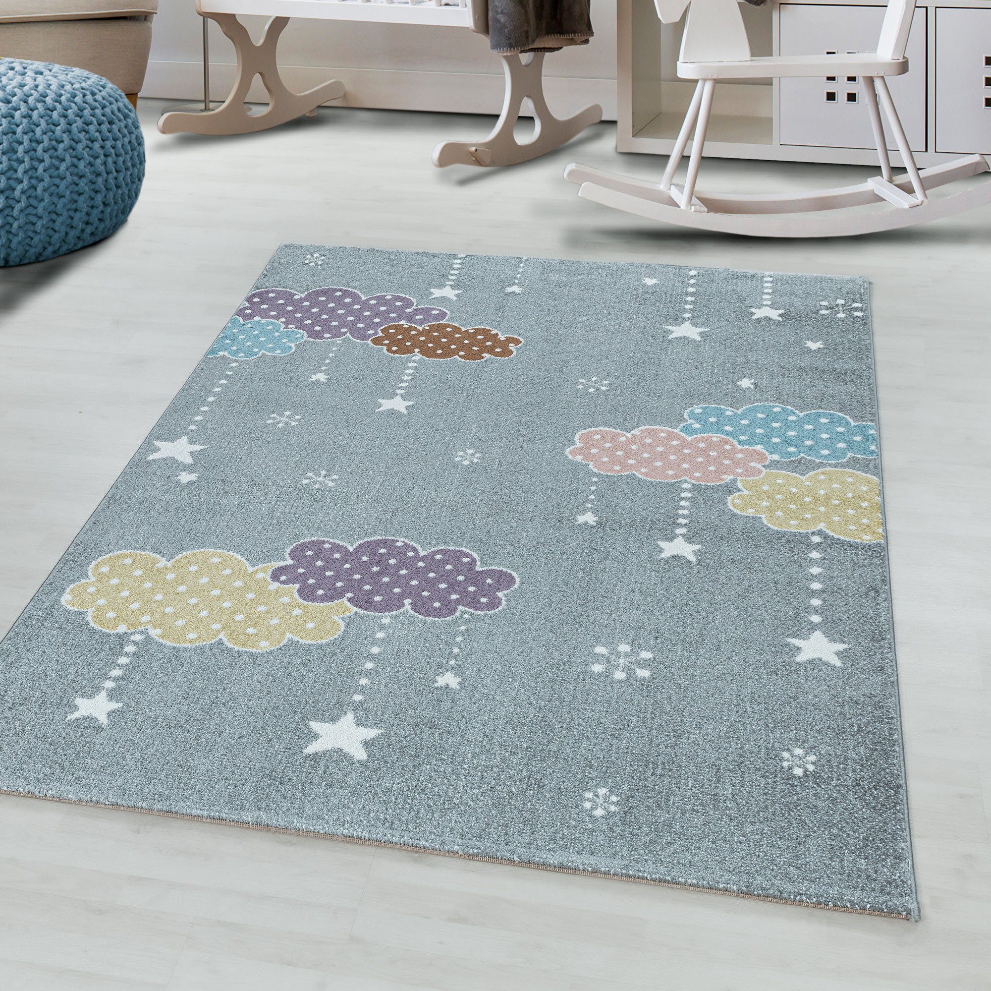 Ayyildiz Teppiche Kindervloerkleed LUCKY 3611 Kinderkleed met wolken- en sterrenmotief speelkleden maat 80 cm x 150 cm x 11 mm grijs