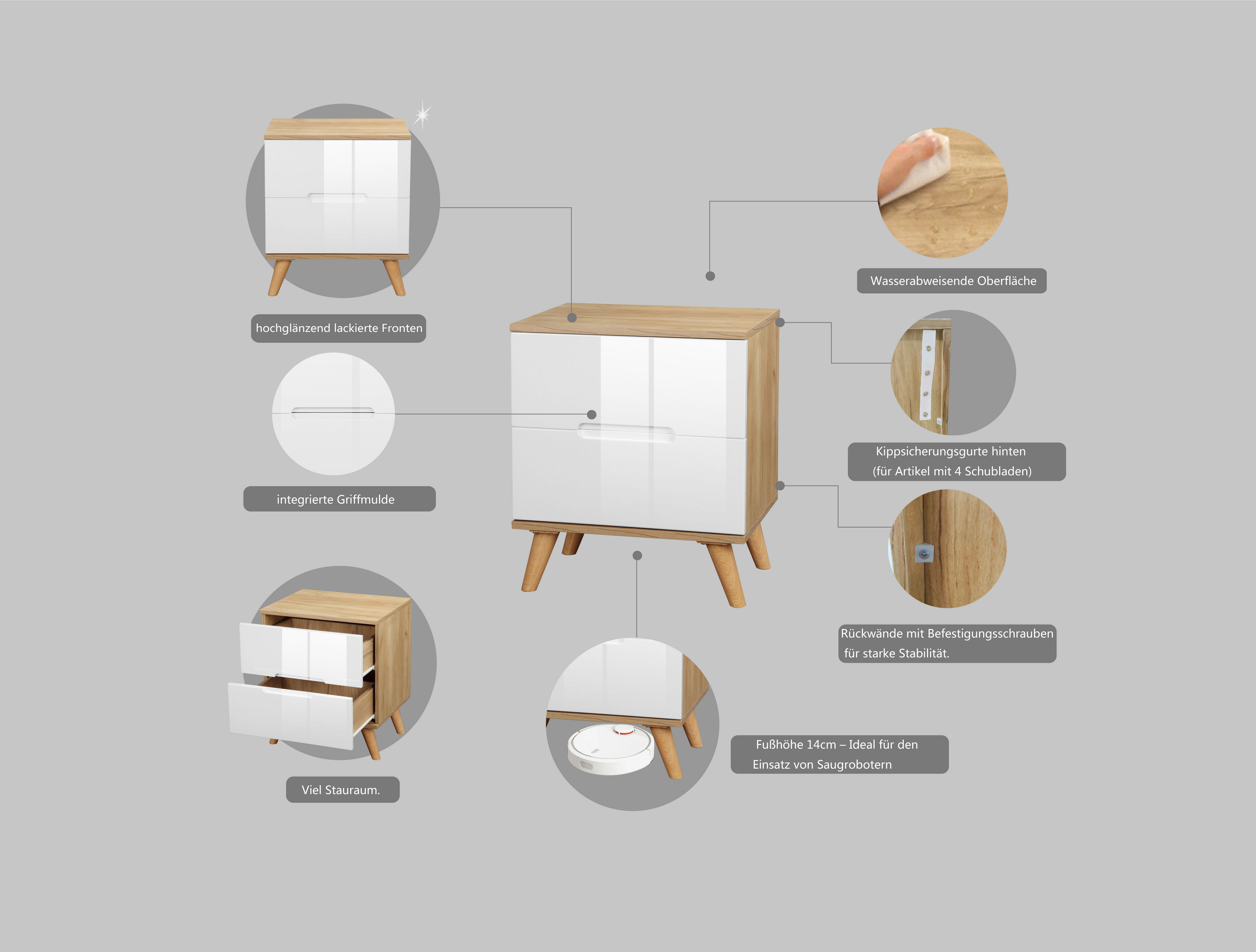 andas Nachtkastje Lund nachttafel bijzetkast commode met hoogglans fronten Nachtkastje met 2 lades bestseller in Scandinavisch design