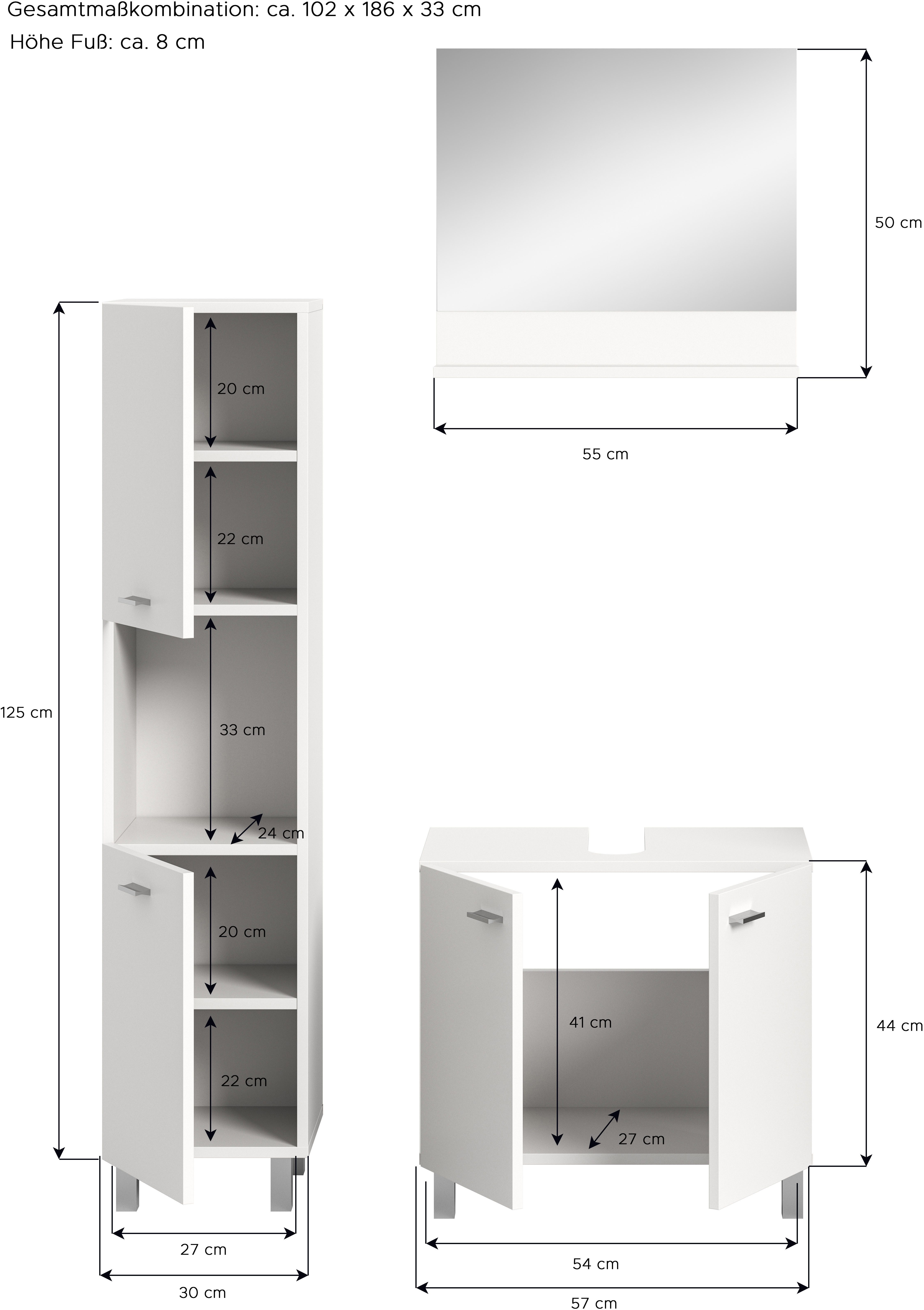 welltime Badmeubelset Tampa, breedte 102cm, 3-delig Wastafelonderkast, spiegel, hoge kast (3 stuks)