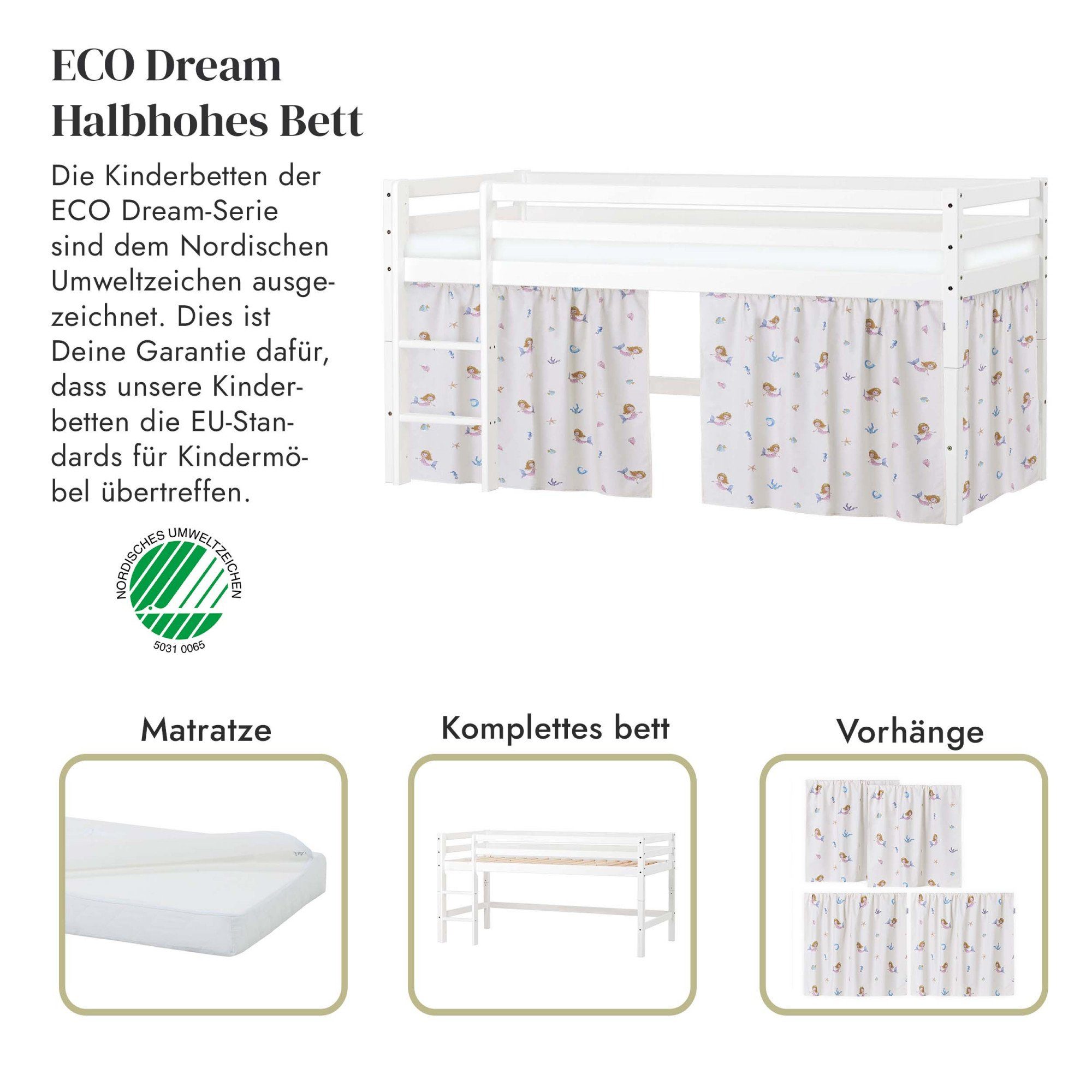 Hoppekids Speelbed ECO Dream, hoogslaper, deelbaar in 2 eenpersoonsbedden Massief houten bed met zeemeermingordijn, matras & 2 maten ter keuze