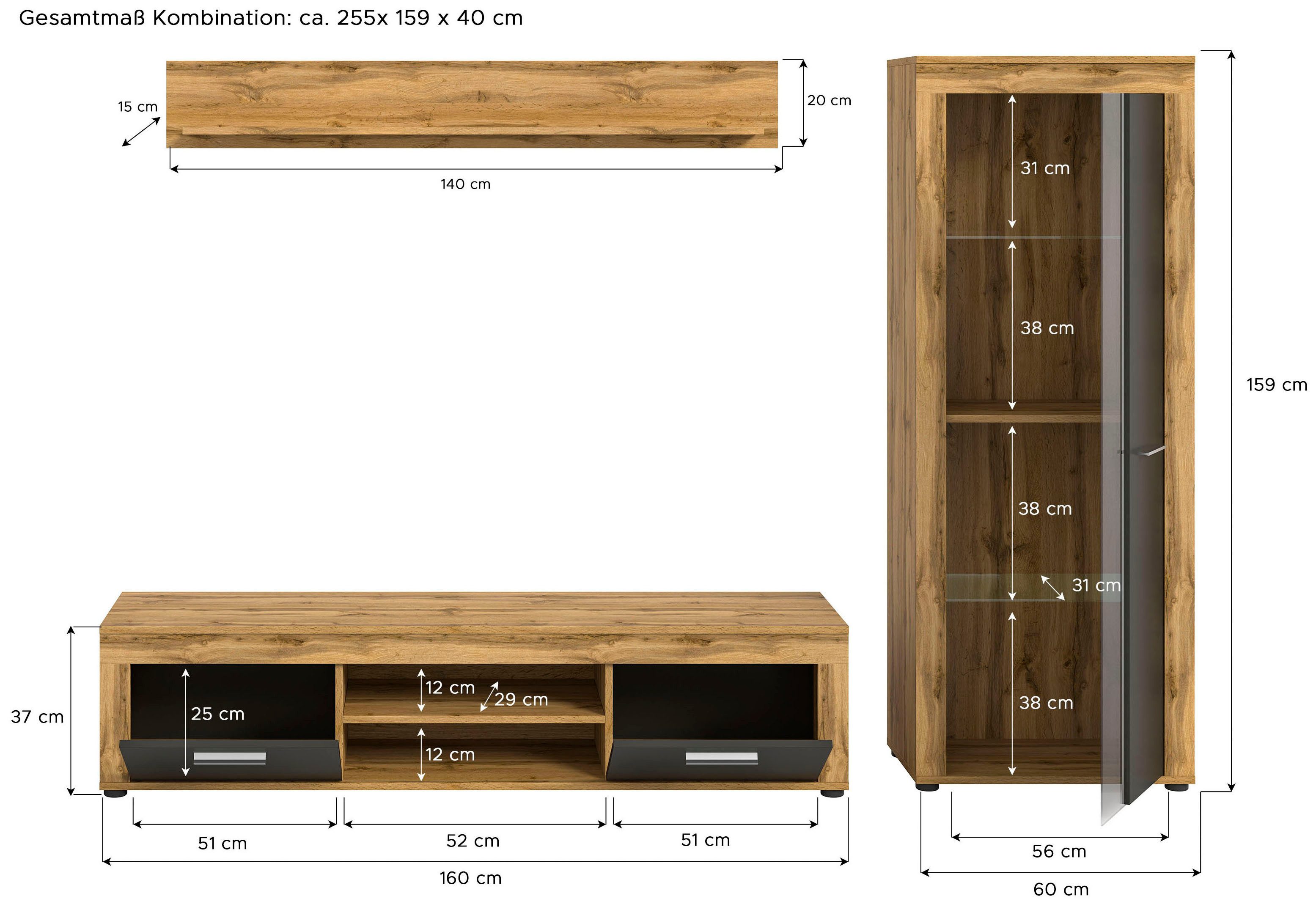 INOSIGN Wandmeubel Aosta, Breedte 235cm, bestaand uit Lowboard, Wandplank, Vitrine Woonwand, combinatie, opbouwwand, meubelset, kastwand, meubelcombi (3-delig)