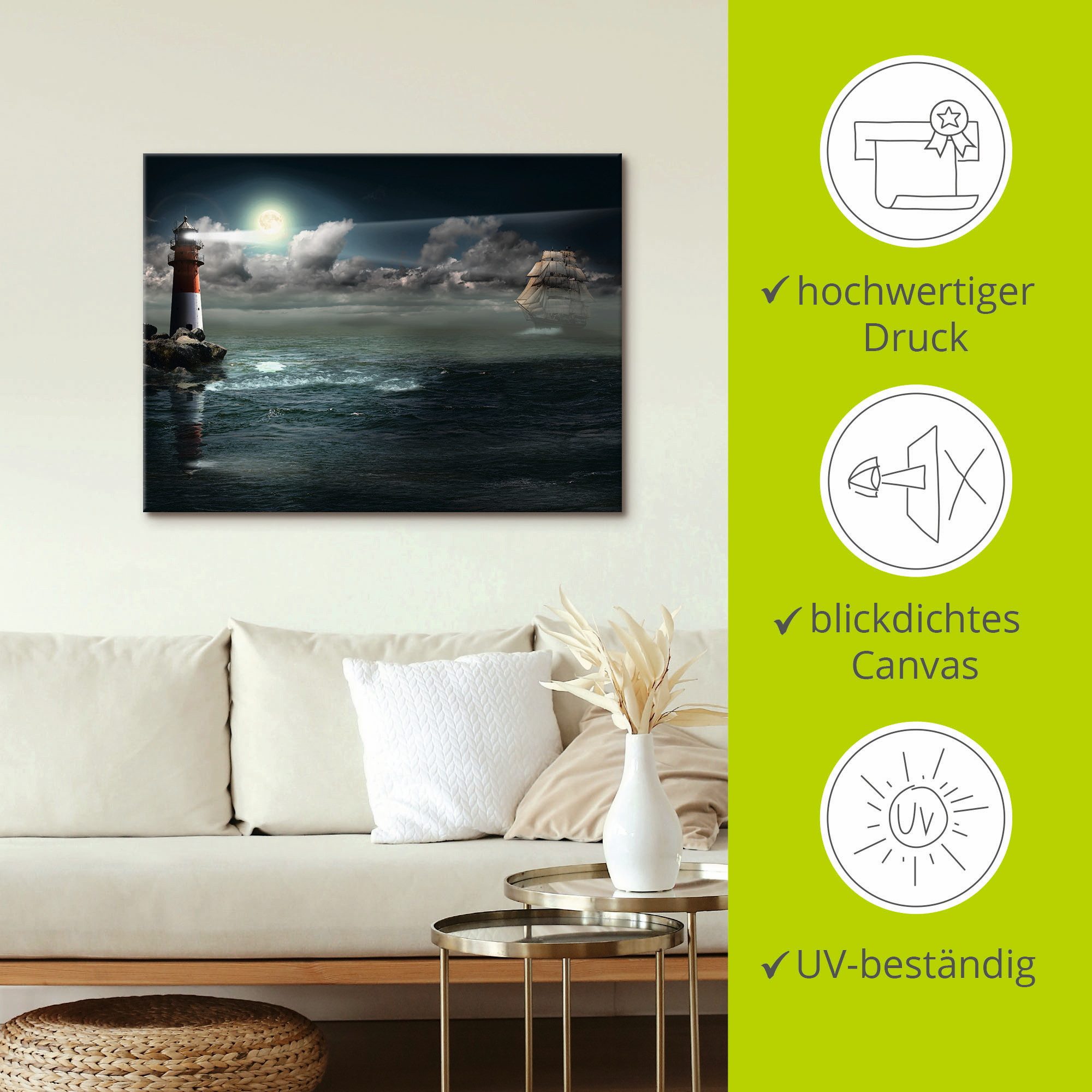 Artland Artprint Vuurtoren onder verlichting als artprint op linnen, poster in verschillende formaten maten