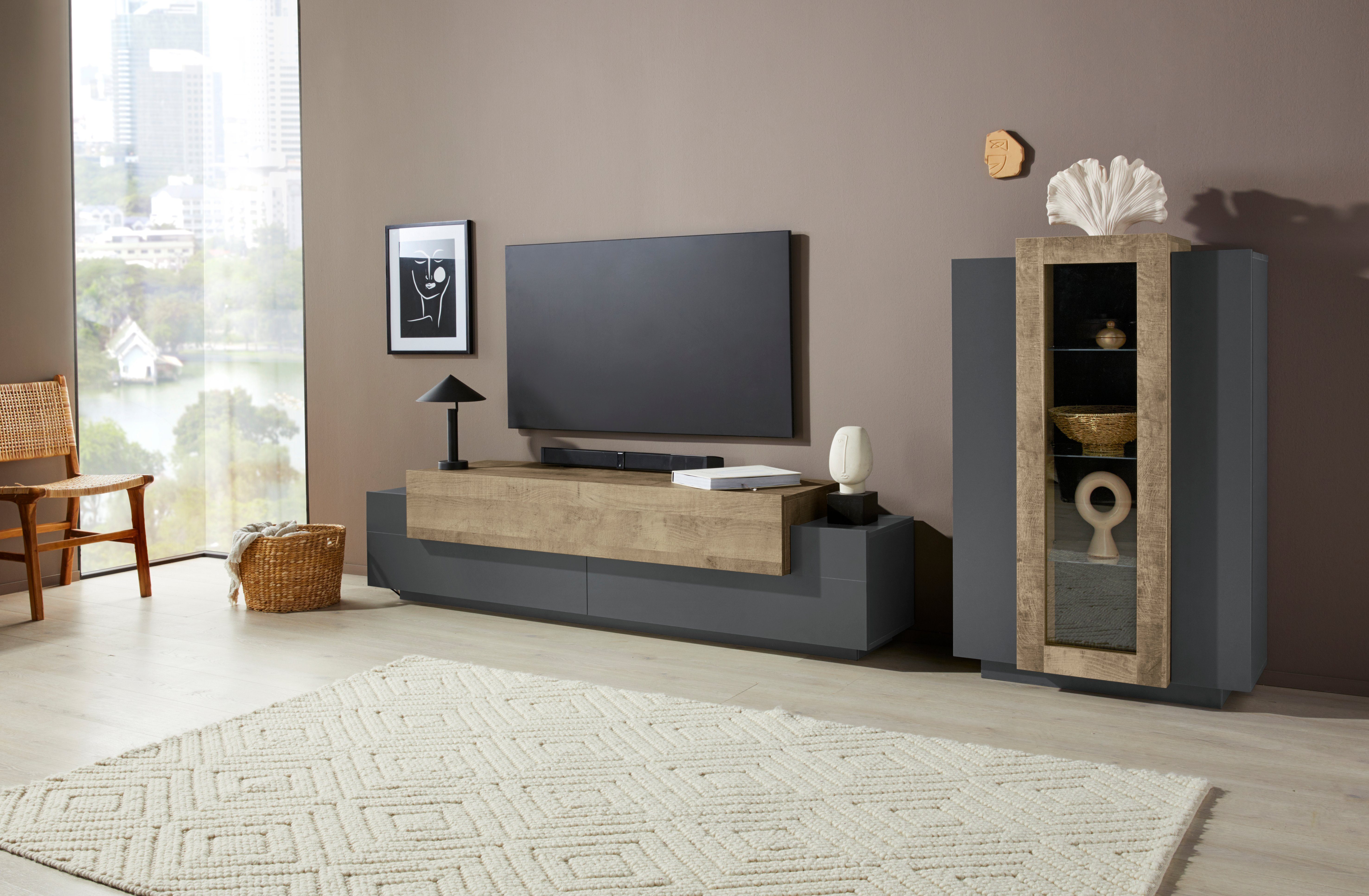 INOSIGN Wandmeubel Coro, aanbouwwand, mediawand Lowboard met 4 vakken, breedte 200 cm en vitrinekast met 3 deuren, breedte 80 cm (set, 2 stuks)
