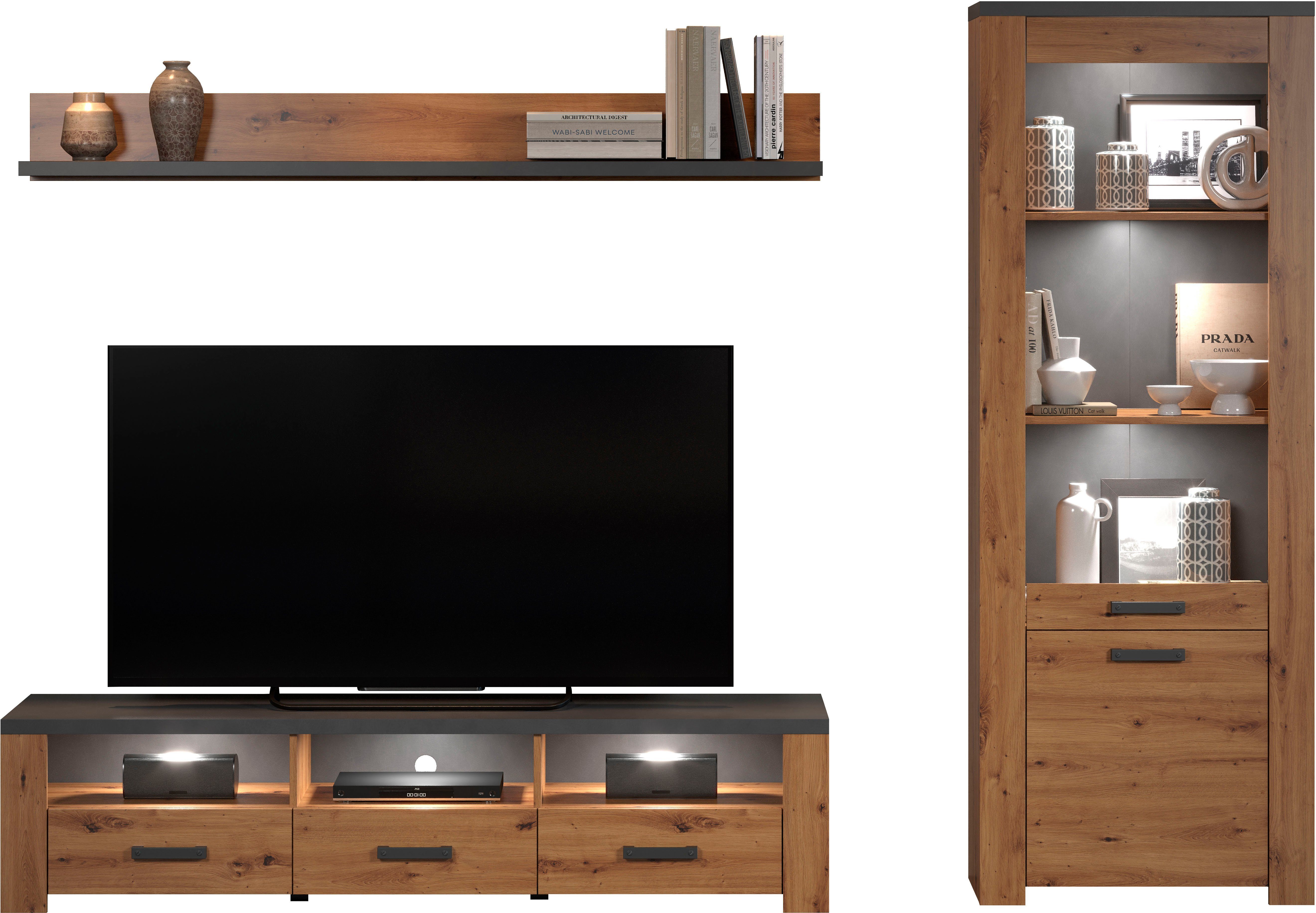 Home affaire Tv-wandmeubel Ambres Kleine, moderne tv-set, look van echt hout, breedte ca. 268 cm, mat (3-delig)