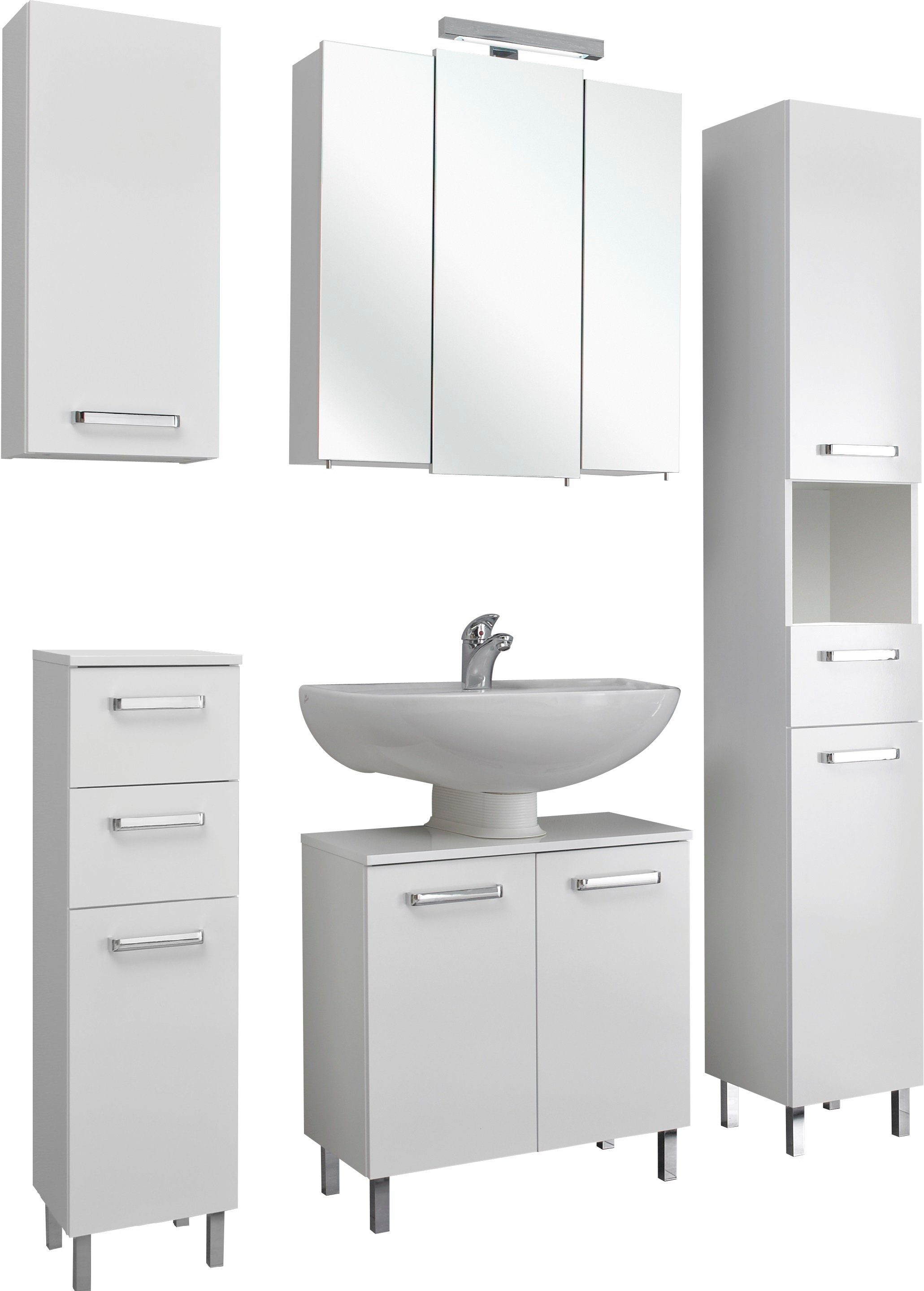Saphir Badkamerserie Quickset 5-delig, wastafelonderkast met led-spiegelkast met hoge kast, onderkast, hangend kastje, 9 deuren, inclusief deurdemper