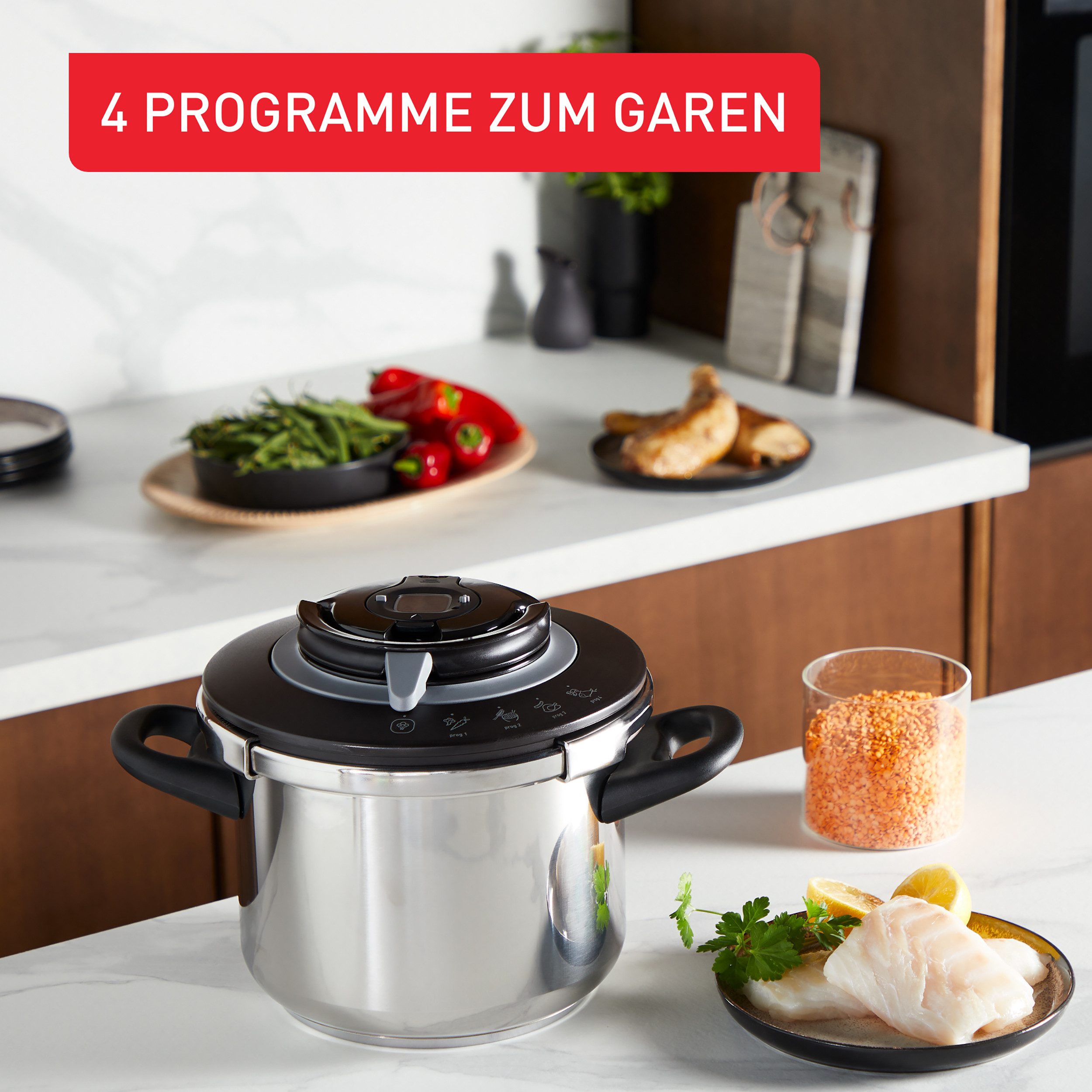 Tefal Snelkookpan Clipso+ CHEF, 6 liter snelkookpan 4 kookprogramma’s, 6 veiligheidsniveaus, afneembare timer