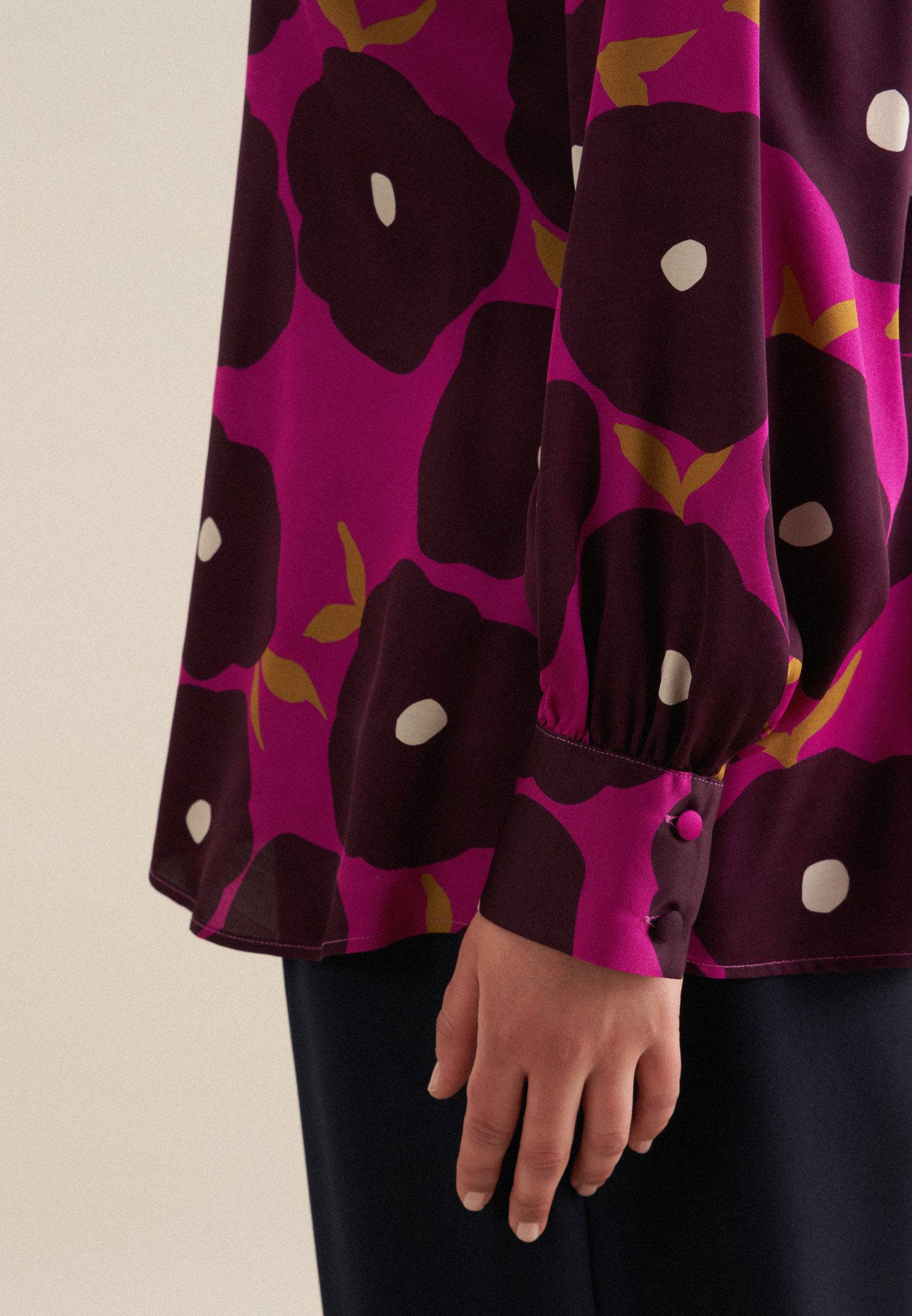 seidensticker Shirtblouse Zwarte roos Lange mouwen ronde hals print