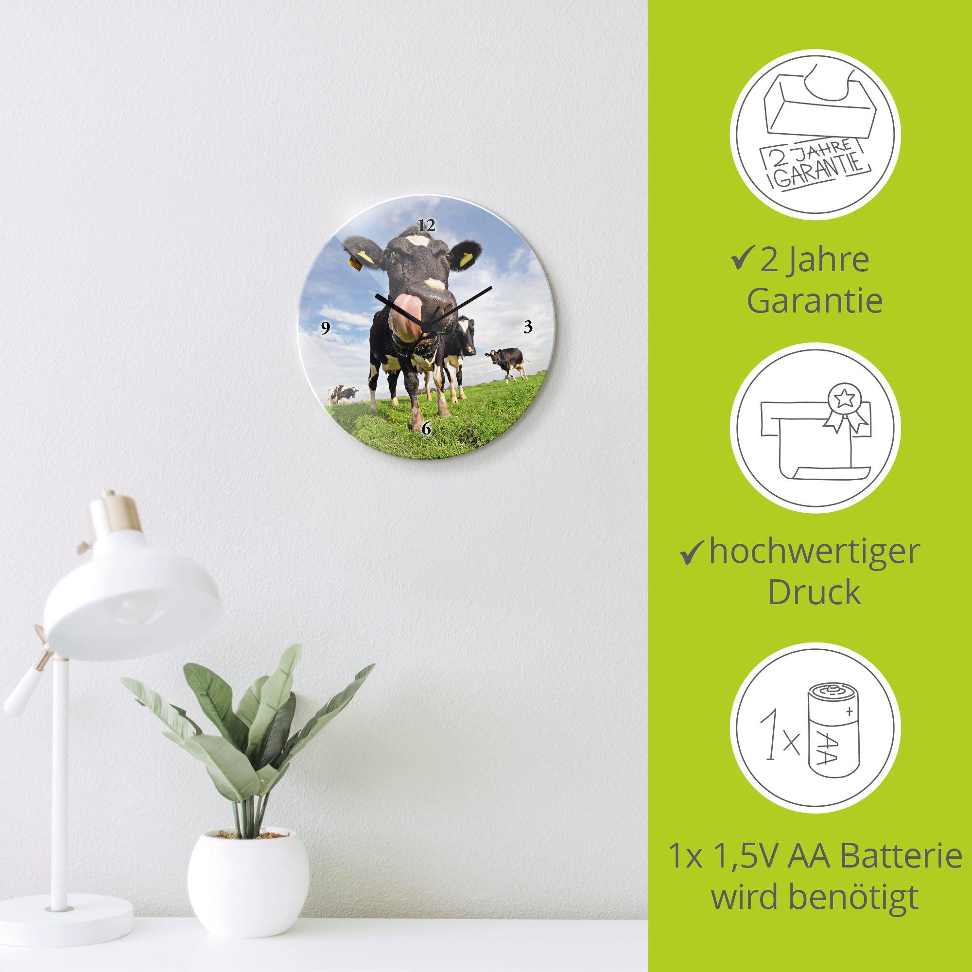 Artland Wandklok Holstein-koe met enorme tong optioneel verkrijgbaar met kwarts- of radiografisch uurwerk, geruisloos zonder tikkend geluid