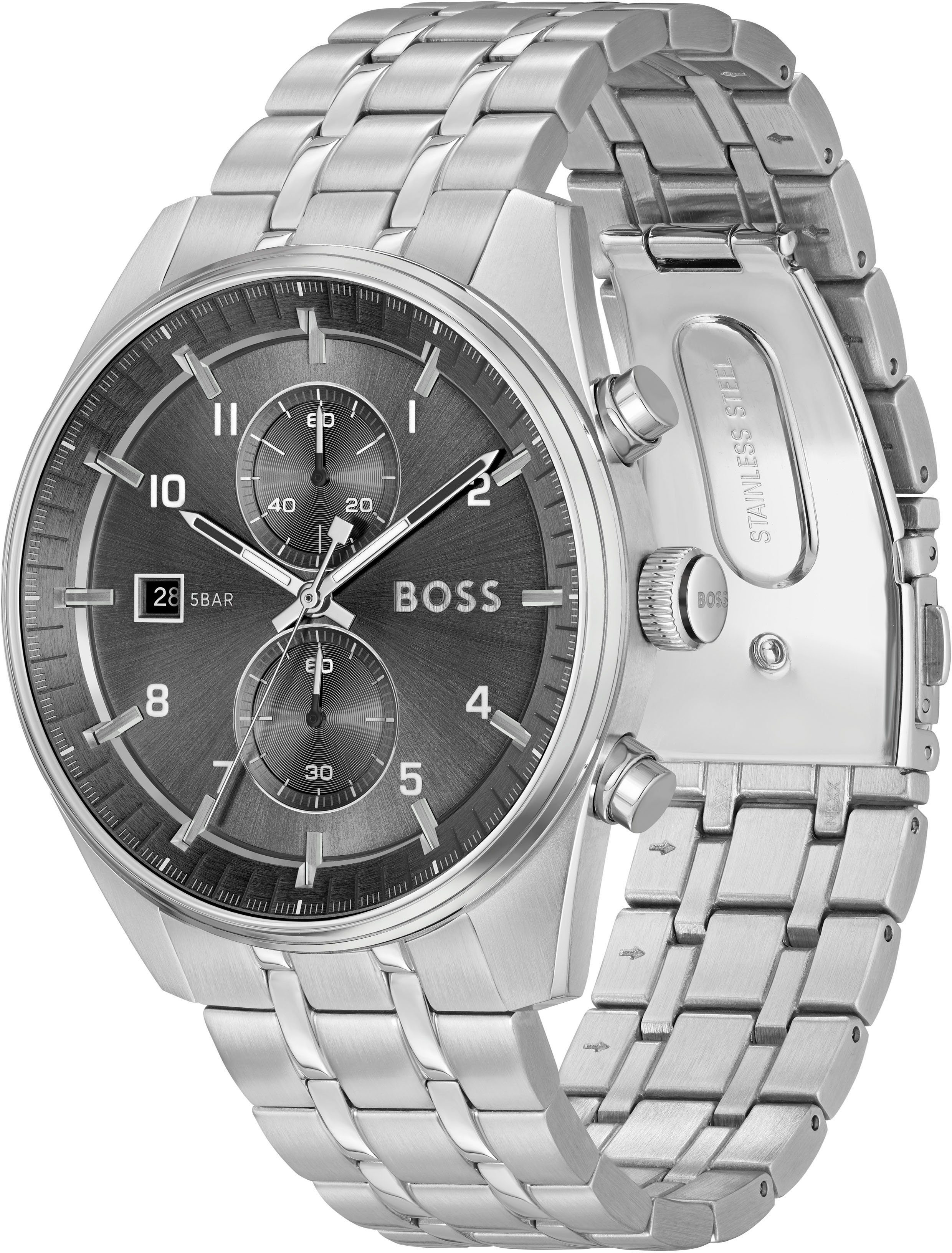 Boss Chronograaf SKYTRAVELLER Quartzhorloge, horloge, herrenuur, leren band, analoog, dag