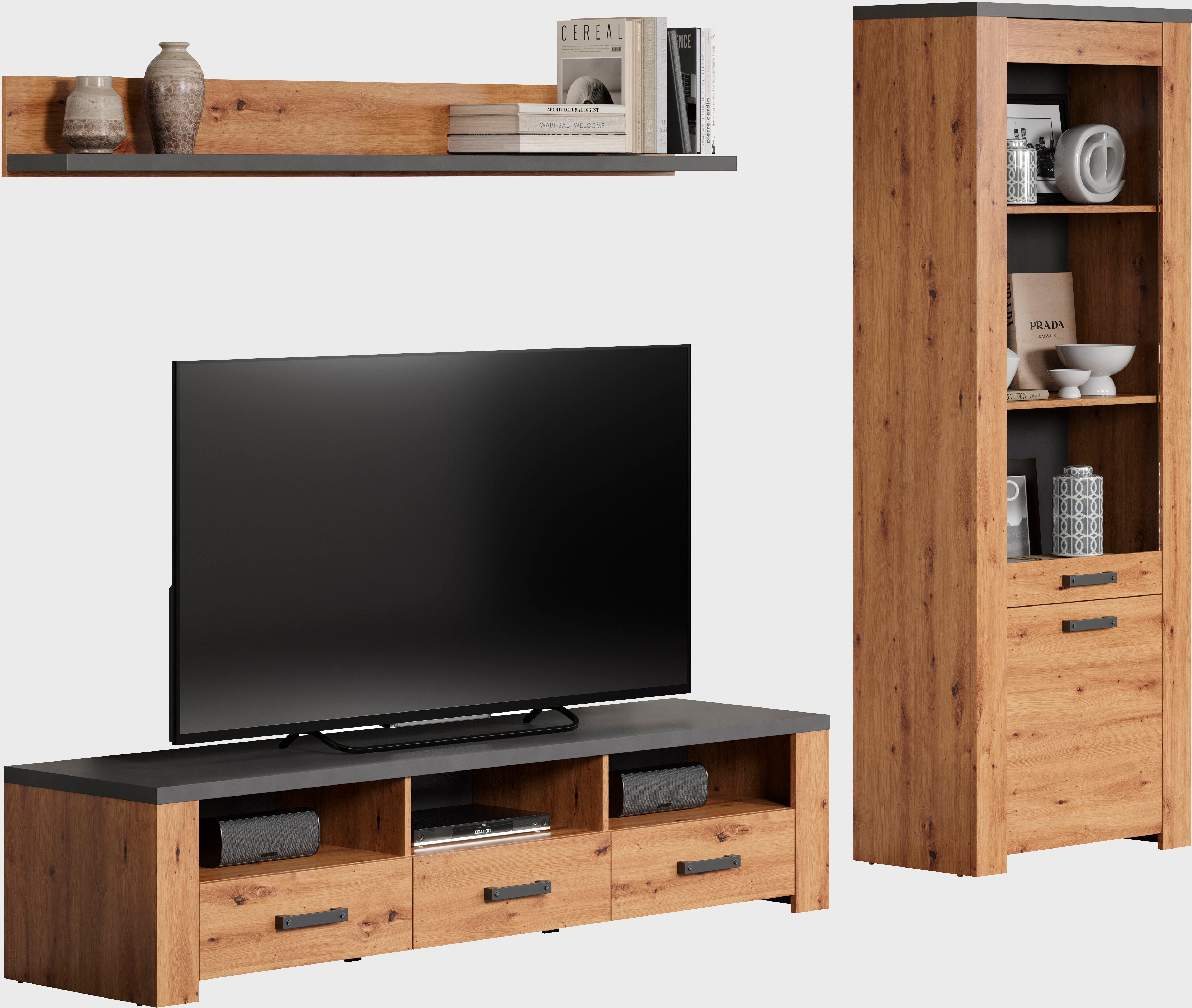 Home affaire Tv-wandmeubel Ambres Kleine, moderne tv-set, look van echt hout, breedte ca. 268 cm, mat (3-delig)