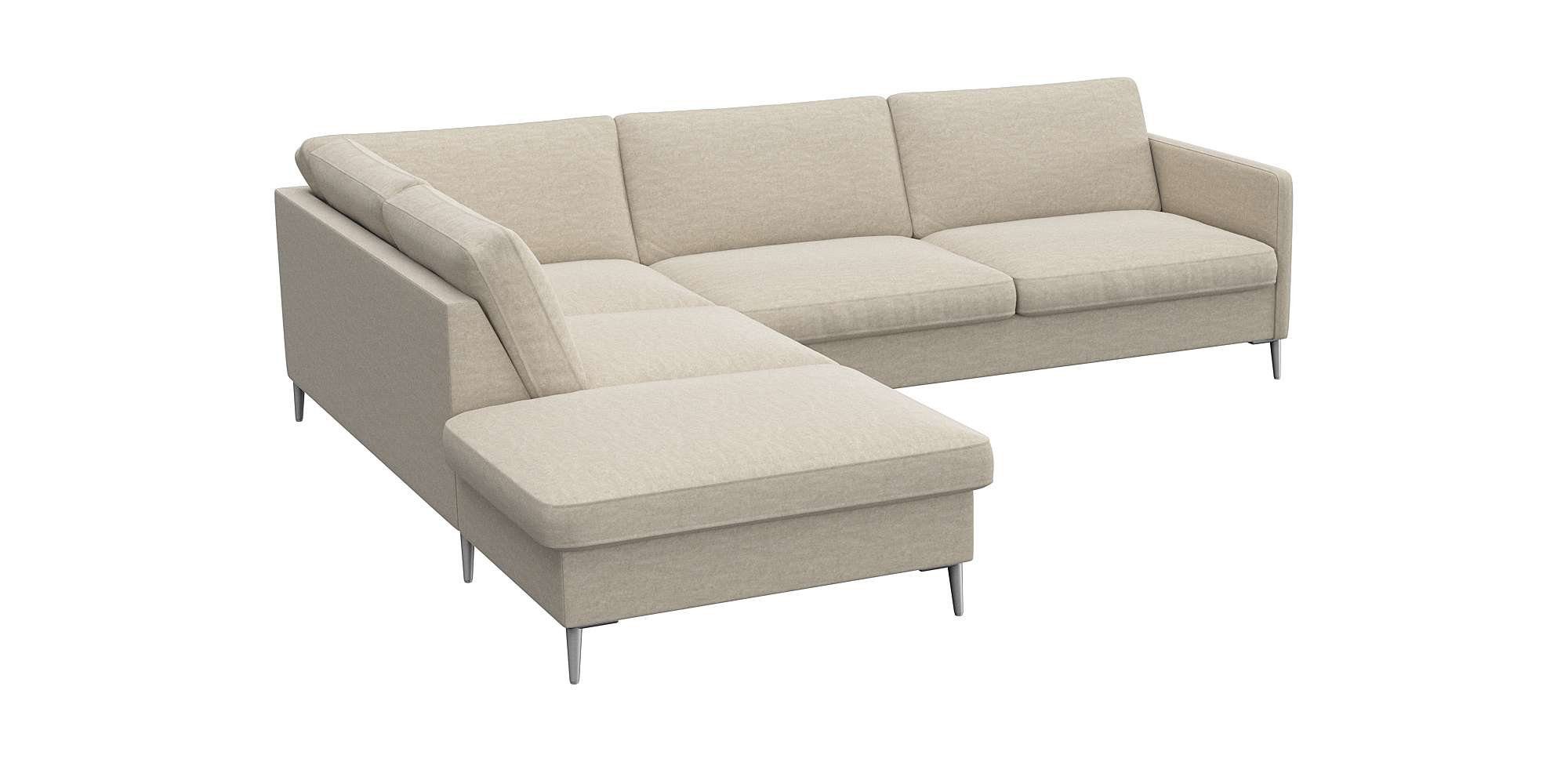 FLEXLUX Hoekbank Fiore, L-vorm smalle armleuningen, koudschuim, aluminium poten