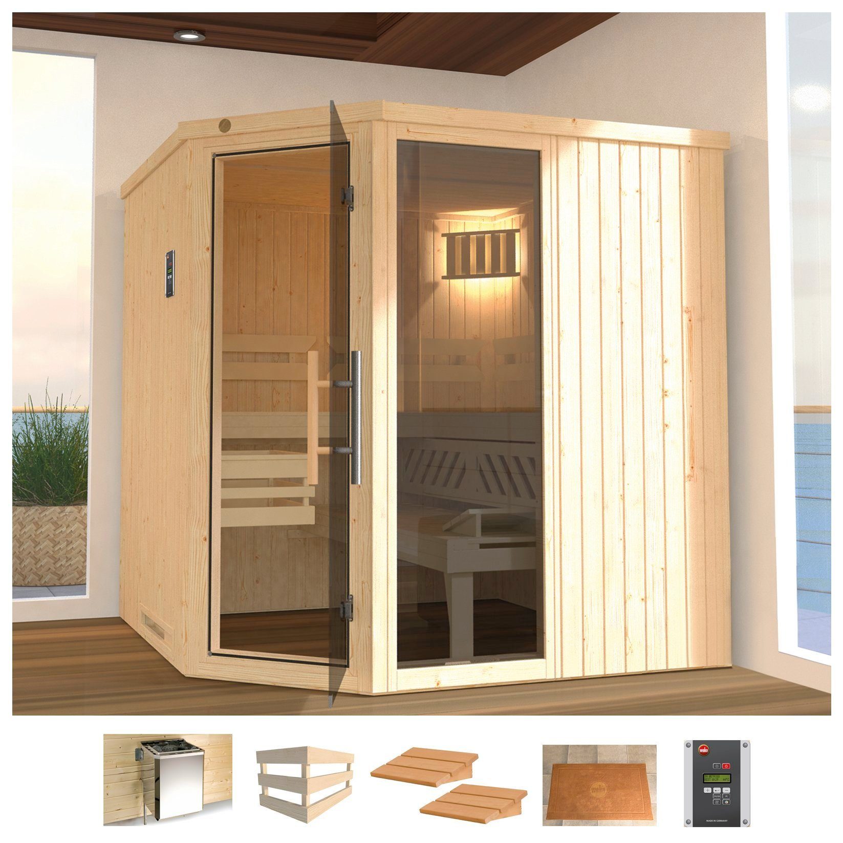 weka Sauna Varberg 3 7,5 kw kachel met externe bediening sauna's beige