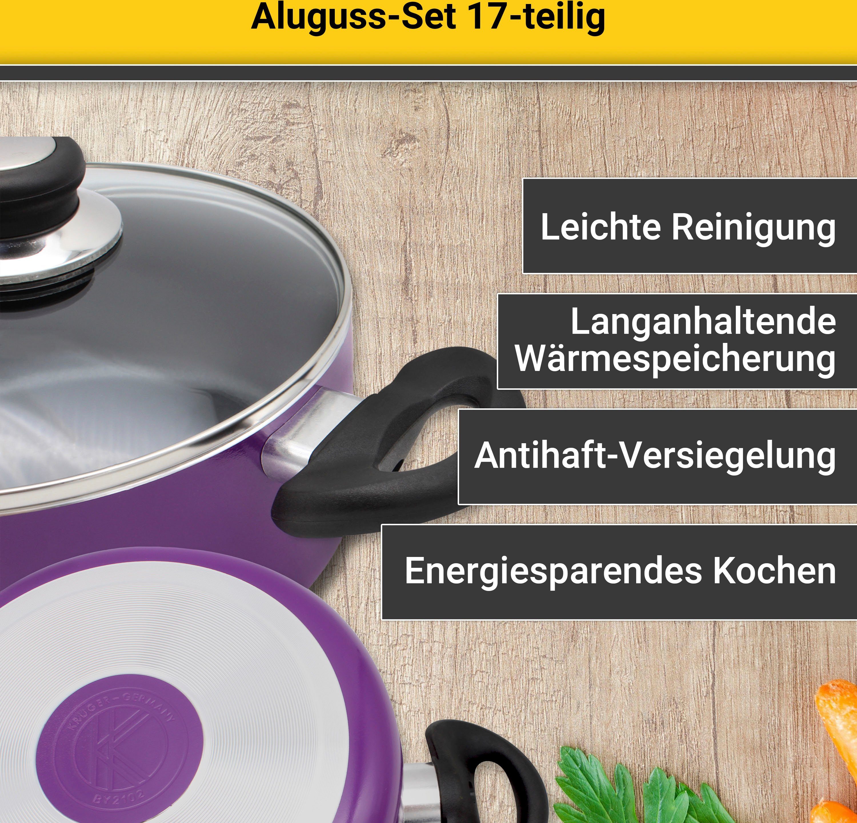 Krüger Pannenset Aluminium pot- en pan-set inclusief praktische keukenhulpmiddelen, 17-delig. (set)