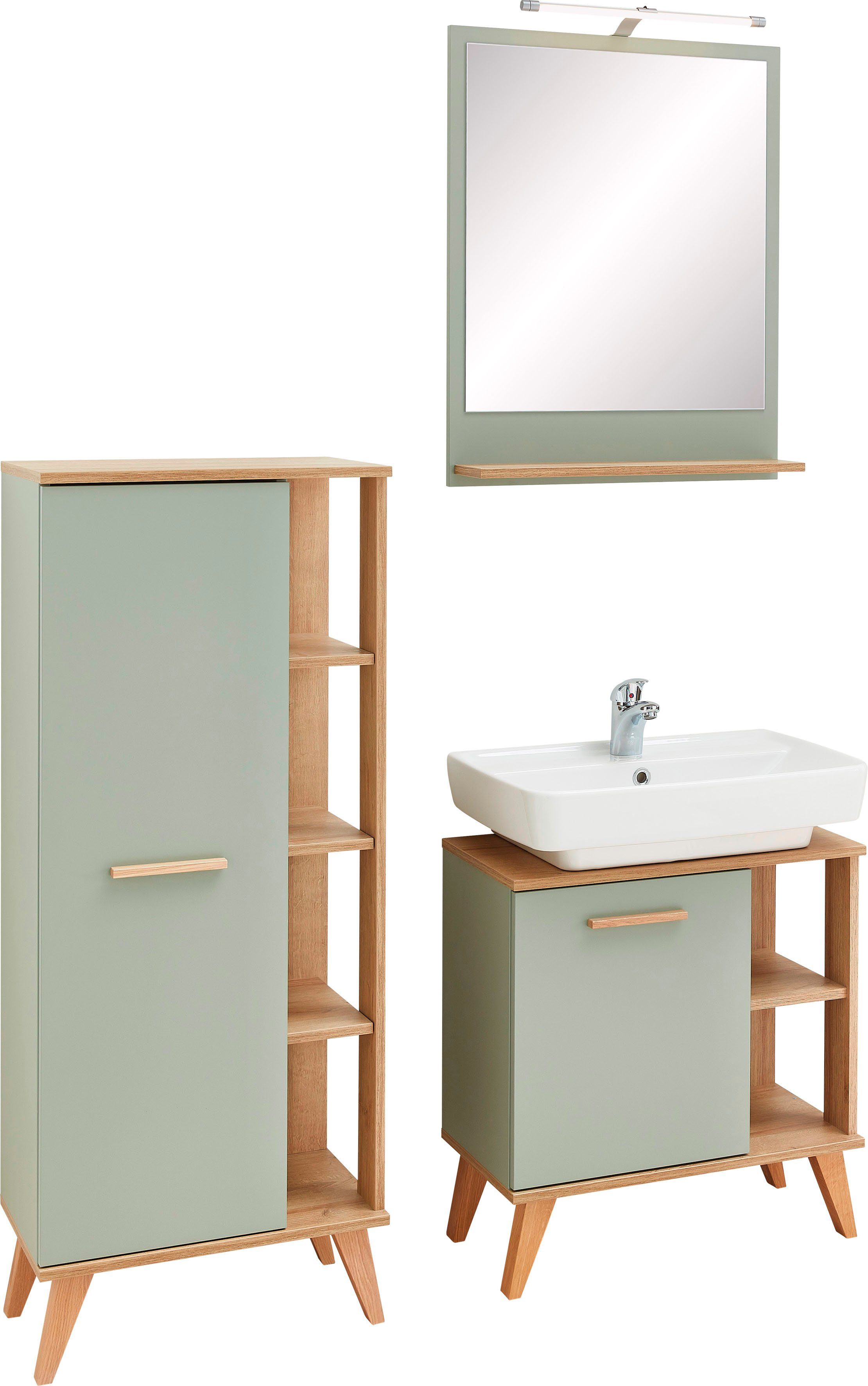 PELIPAL Badkamerserie Quickset 963 van spiegel, halfhoge kast en wastafelonderkast, houten handvat, deurdemper (3 stuks)