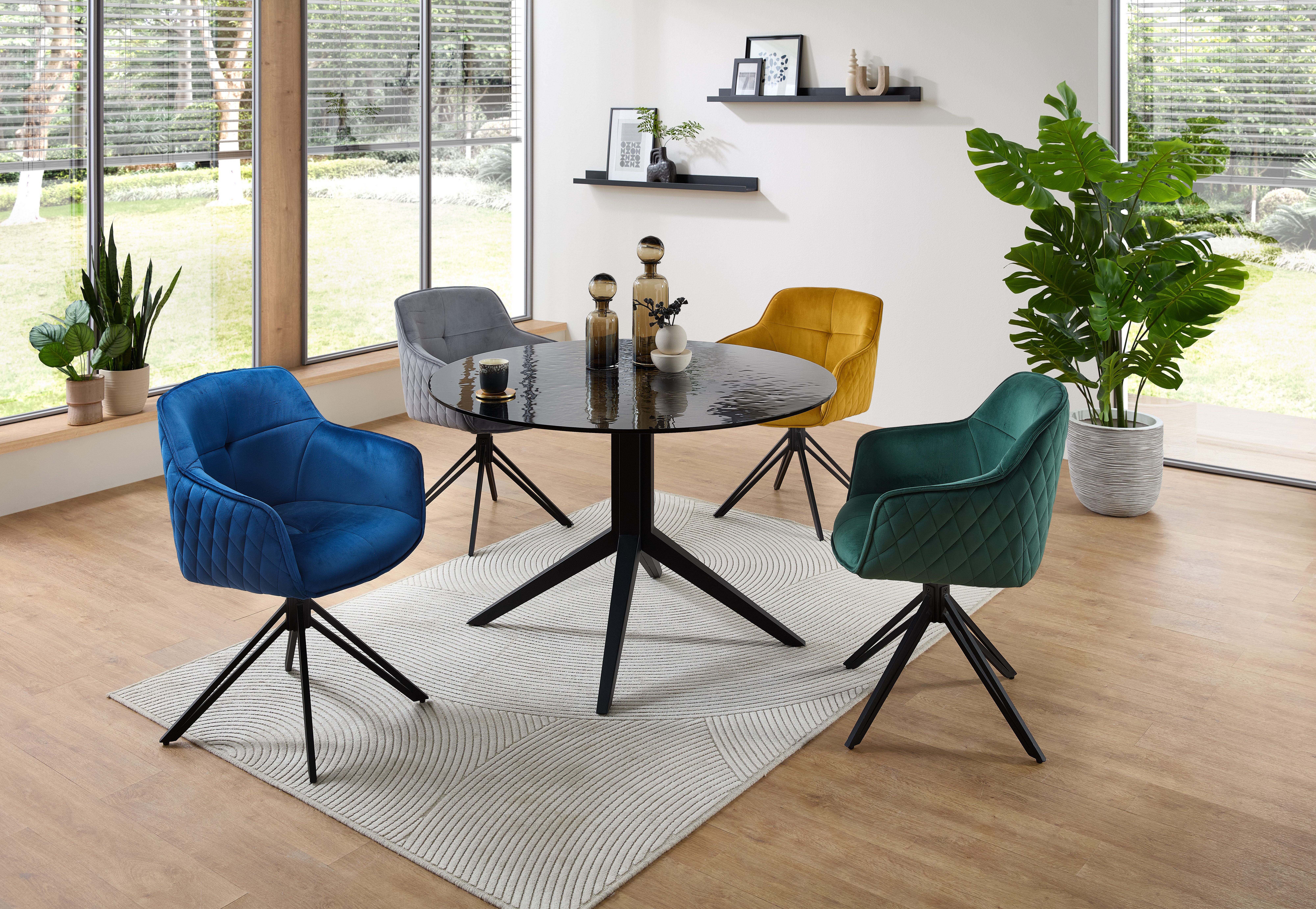 Stolkom Eettafel Leano ronde glazen tafel zwart, eettafel BxH 110x76 cm Veiligheidsglas breukveilig, water ripple effect zwart getint