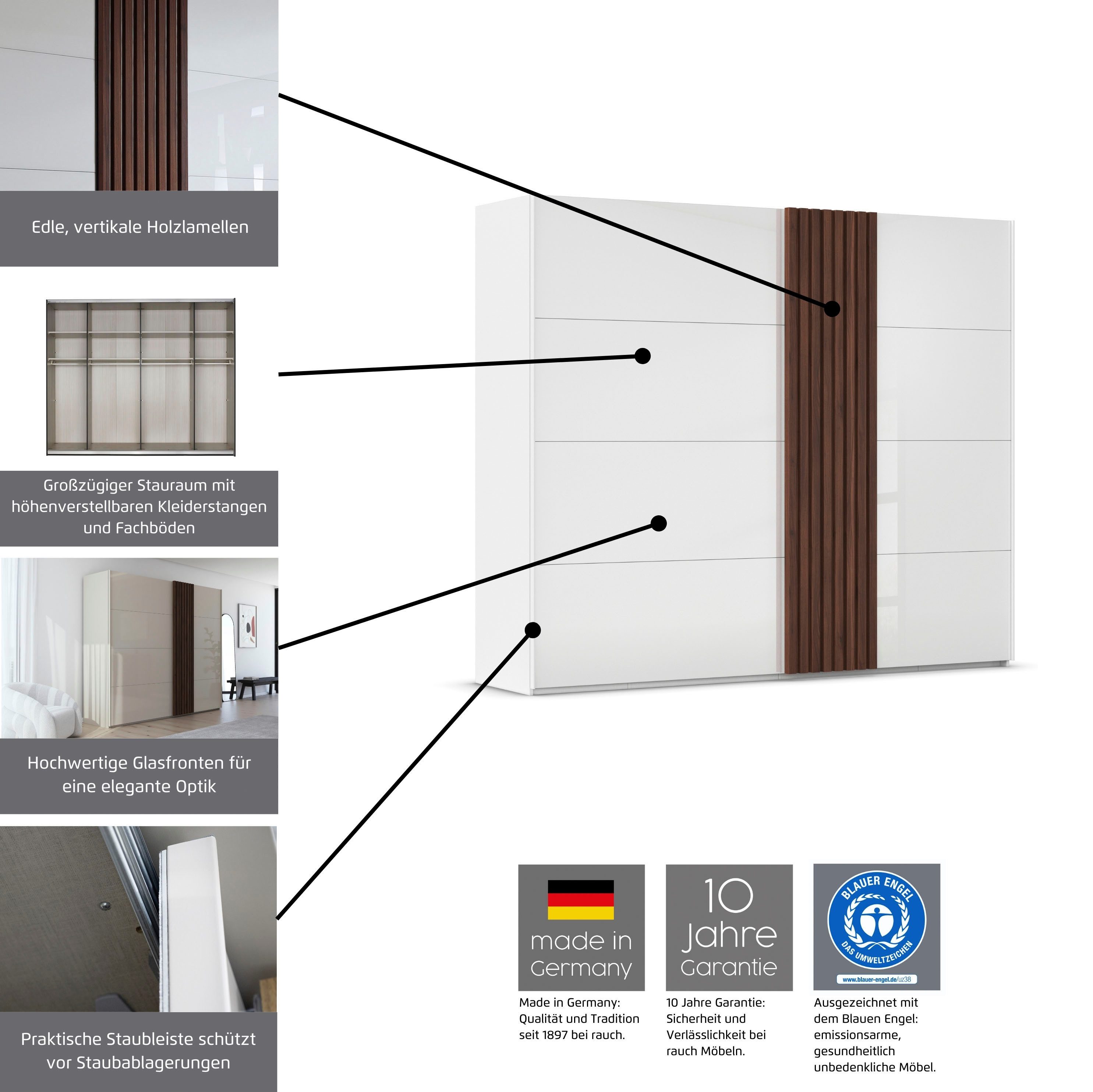 rauch Schuifdeurkast Kledingkast kast garderobe linnenkast TEGIO met hoogwaardige houtdecoratie en glazen front made in germany