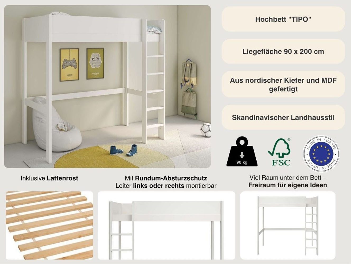 Lüttenhütt Hoogslaper TIPO, Topseller, Kinderbed, Ladder links of rechts monteerbaar