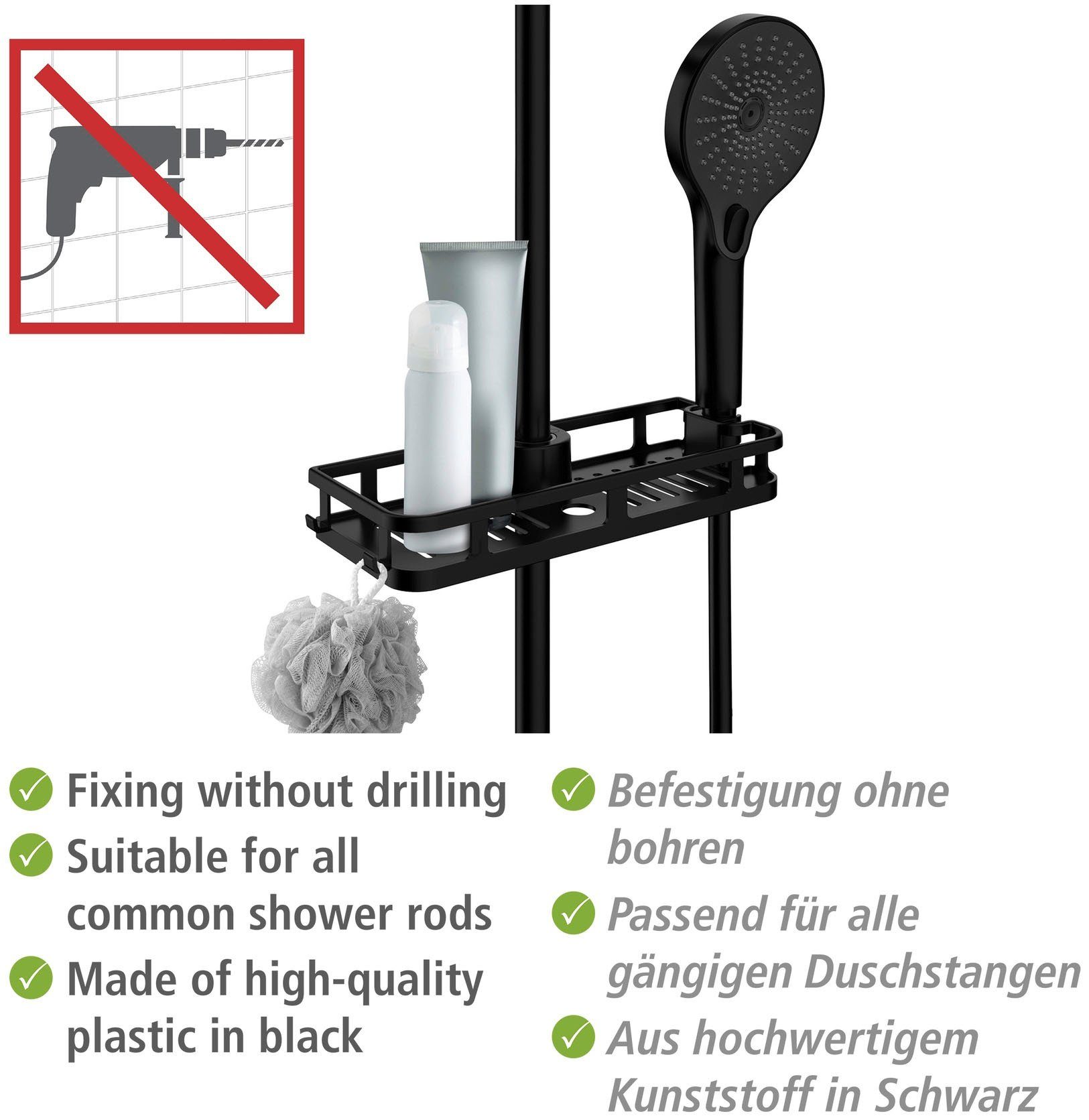 WENKO Doucherekje Libertà zwart mat Bevestiging zonder boren en schroeven