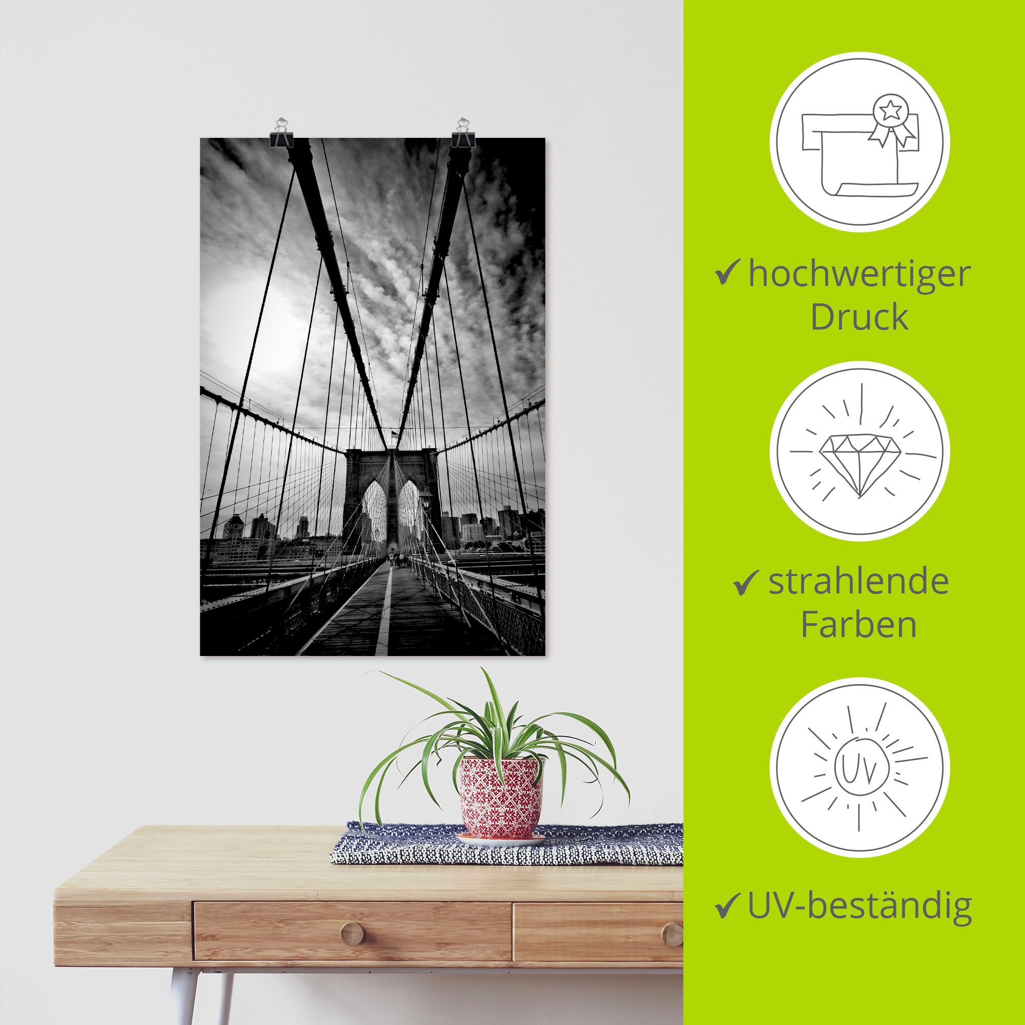Artland Poster New York City Machtige Brooklyn Bridge als artprint van aluminium, artprint op linnen, muursticker of poster in verschillende maten