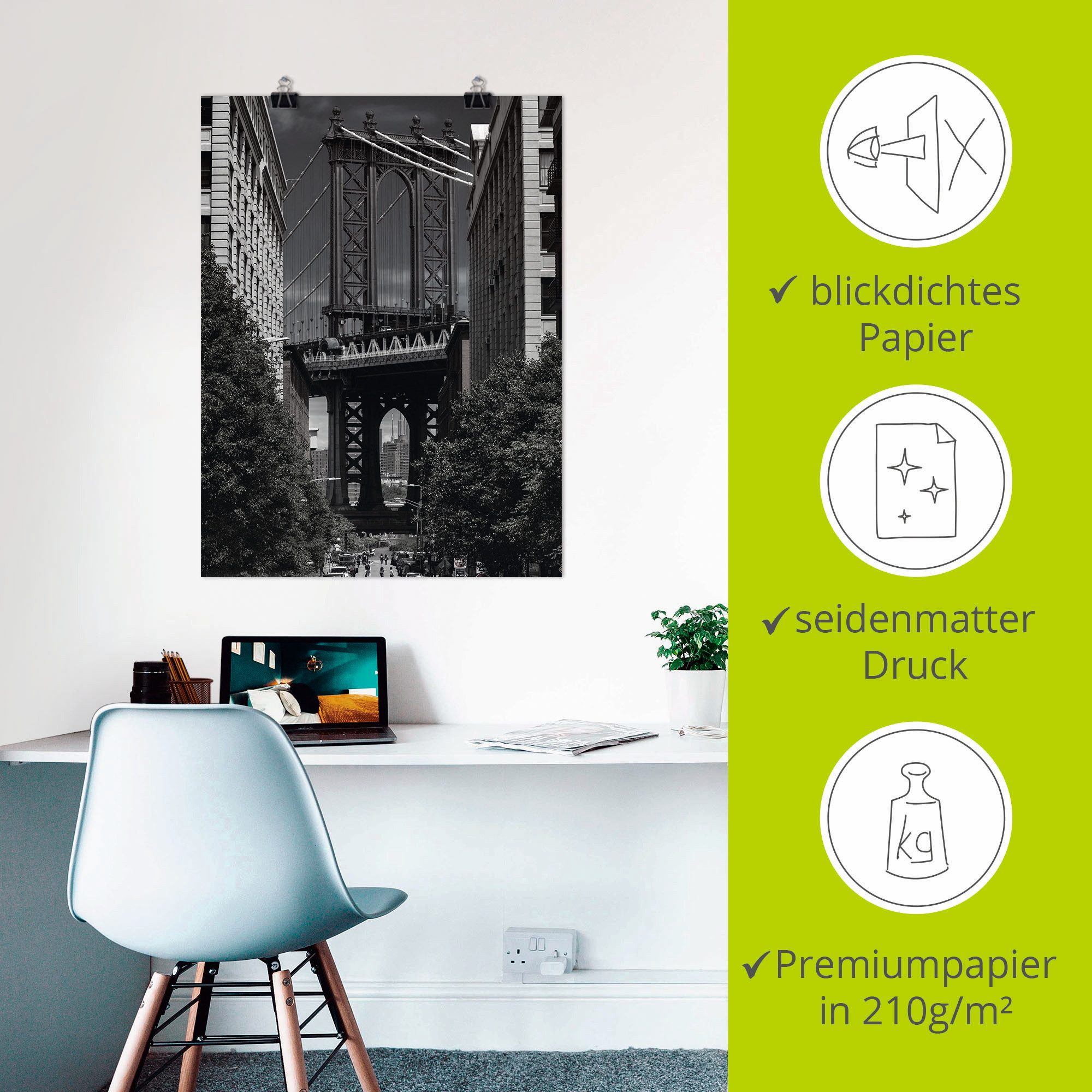 Artland Poster New York Manhattan Bridge II als artprint van aluminium, artprint op linnen, muursticker of poster in verschillende maten
