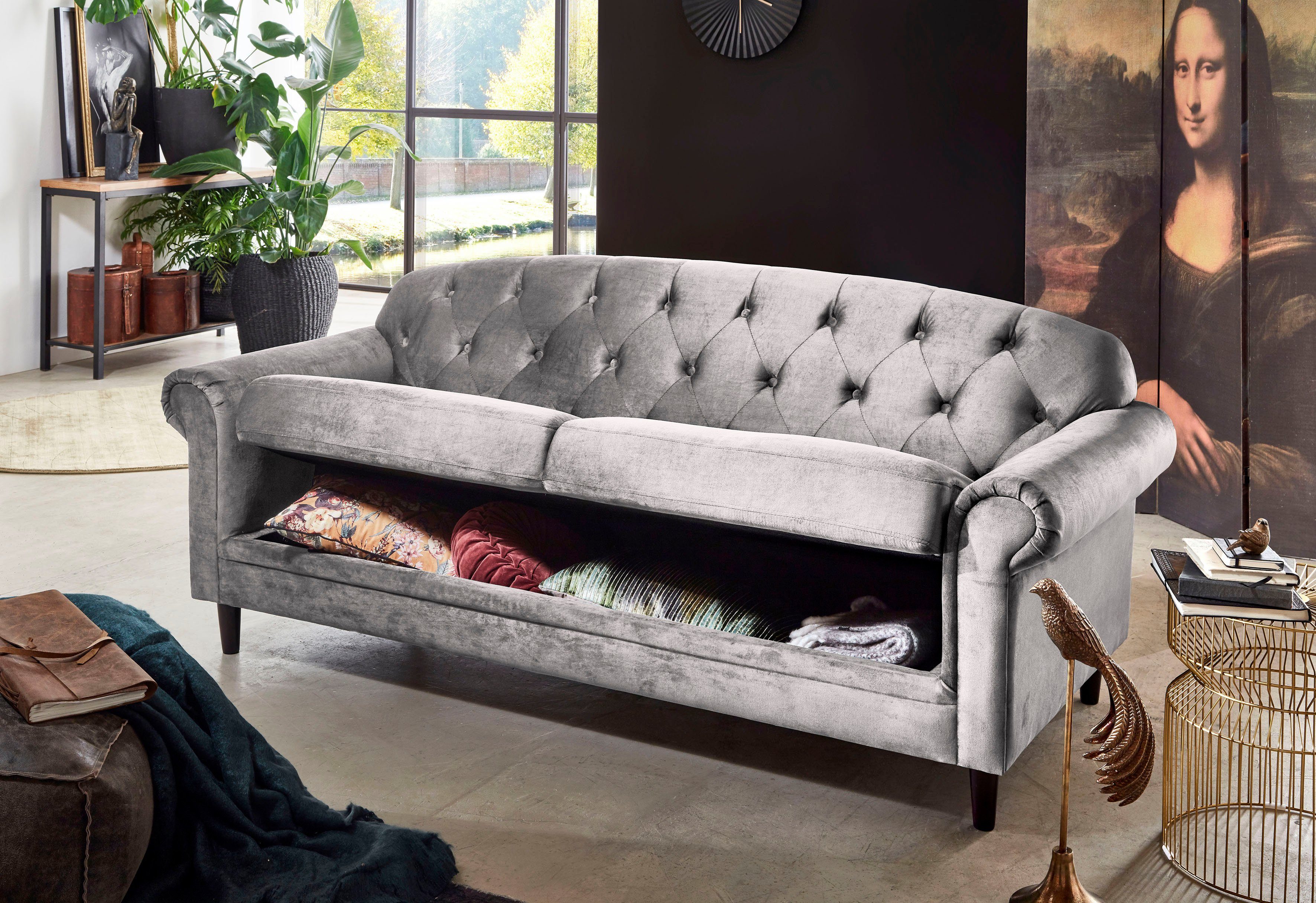 ATLANTIC home collection 2-zitsbank Carla in veloursbekleding, met bergruimte onder de zitting
